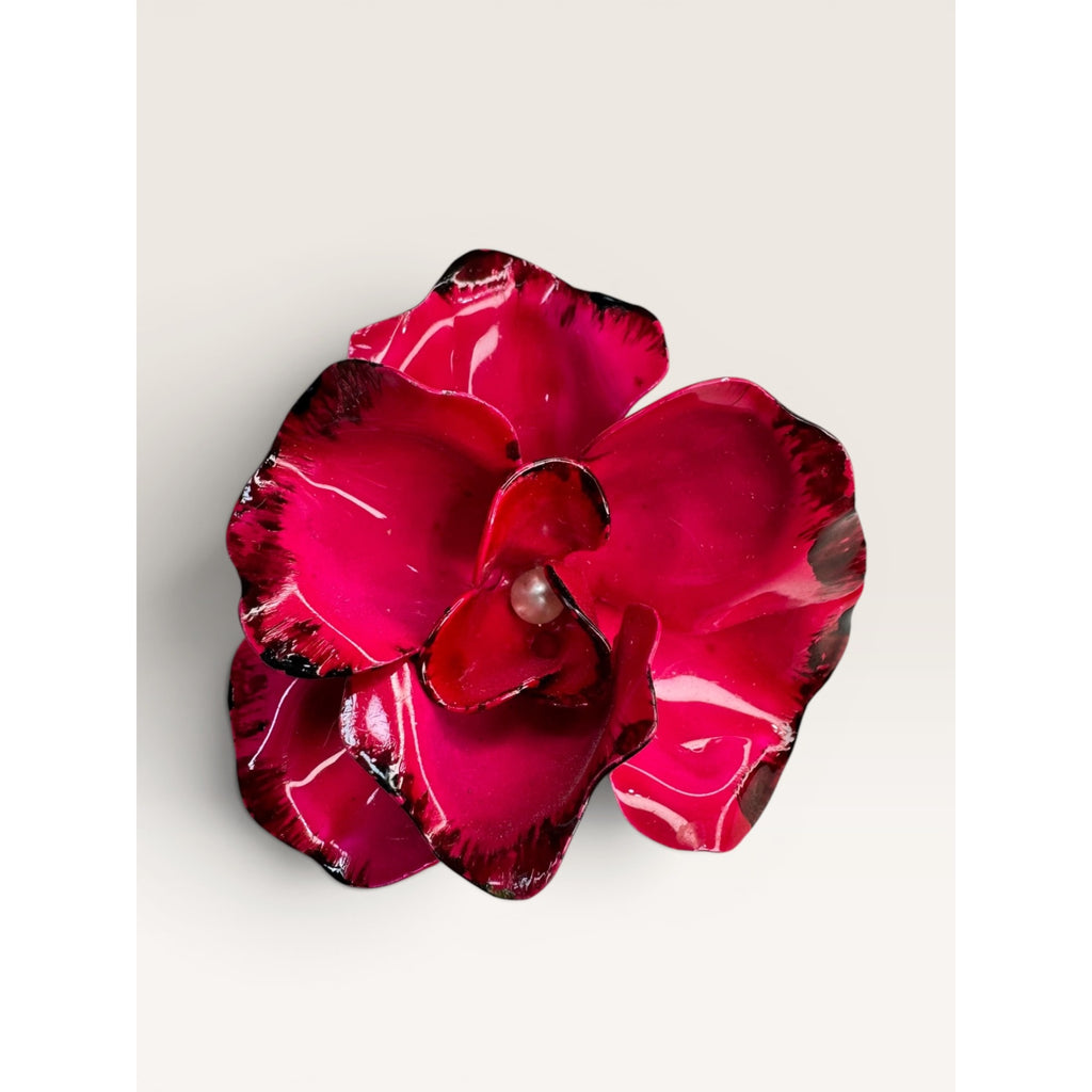 1970s Fuchsia Pink Enamel Flower Brooch Layered Floral Faux Pearl Vintage