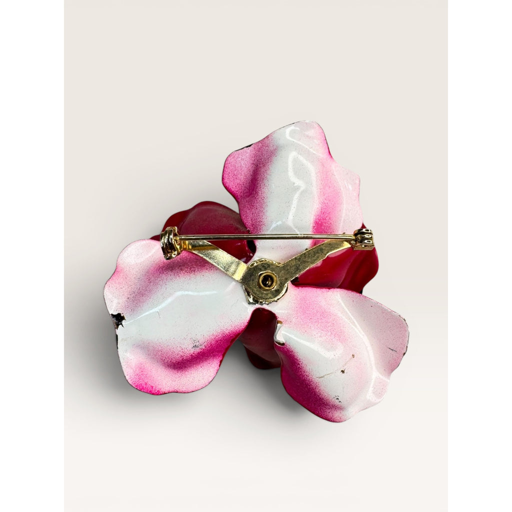 1970s Fuchsia Pink Enamel Flower Brooch Layered Floral Faux Pearl Vintage
