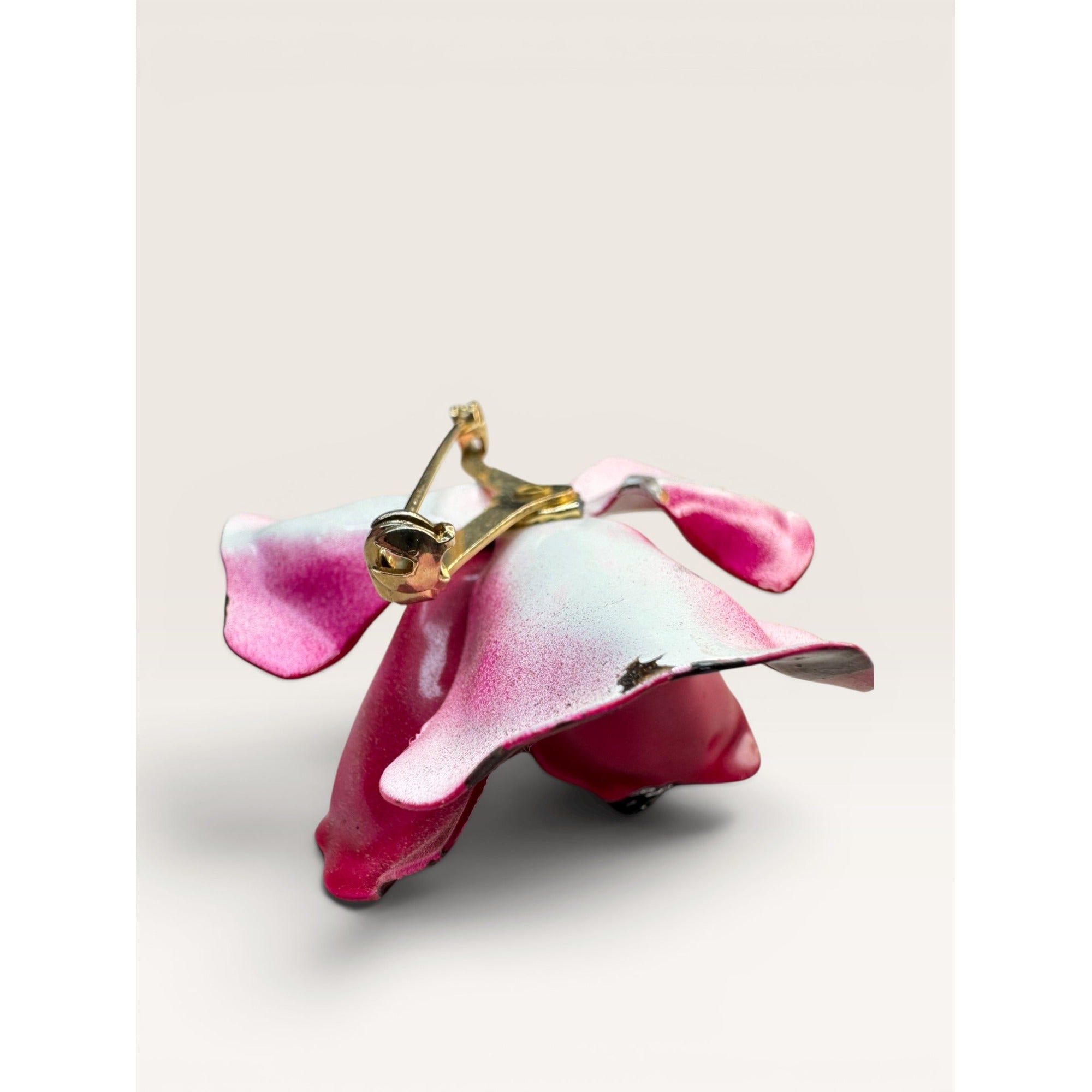 1970s Fuchsia Pink Enamel Flower Brooch Layered Floral Faux Pearl Vintage