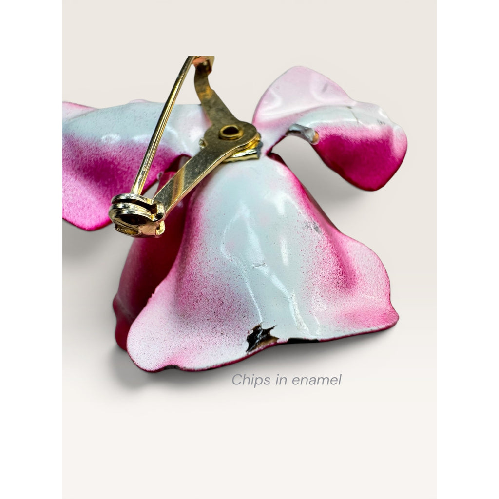 1970s Fuchsia Pink Enamel Flower Brooch Layered Floral Faux Pearl Vintage