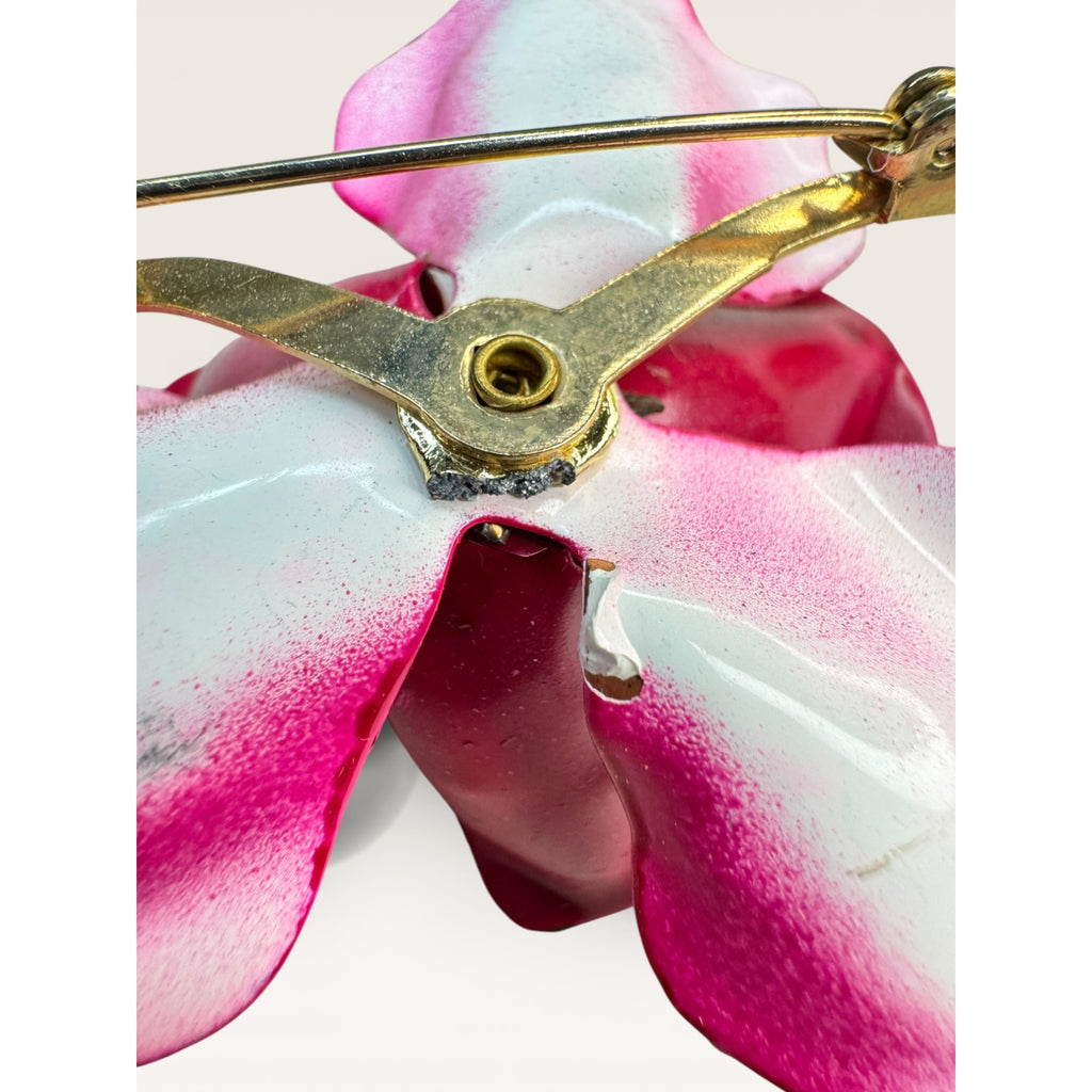 1970s Fuchsia Pink Enamel Flower Brooch Layered Floral Faux Pearl Vintage