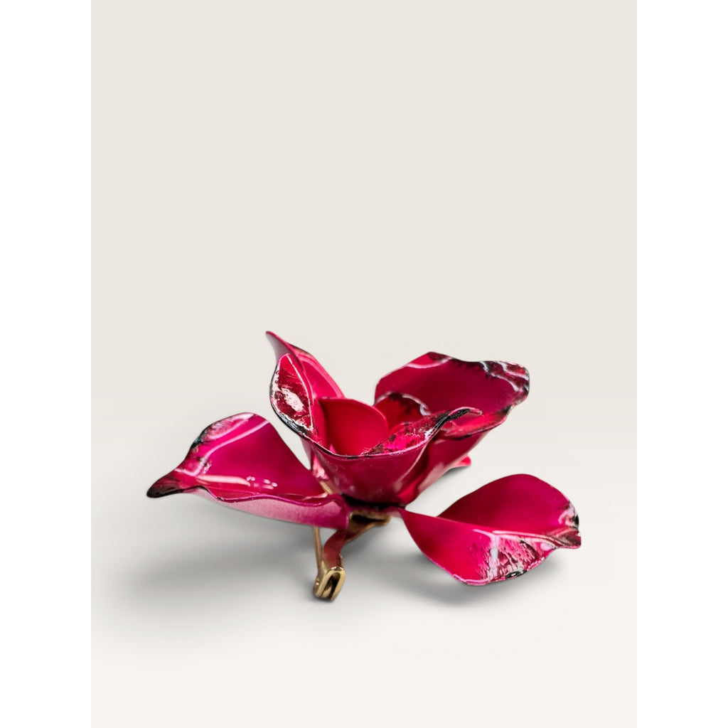 1970s Fuchsia Pink Enamel Flower Brooch Layered Floral Faux Pearl Vintage