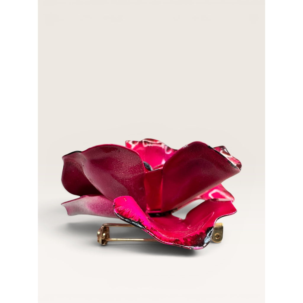 1970s Fuchsia Pink Enamel Flower Brooch Layered Floral Faux Pearl Vintage