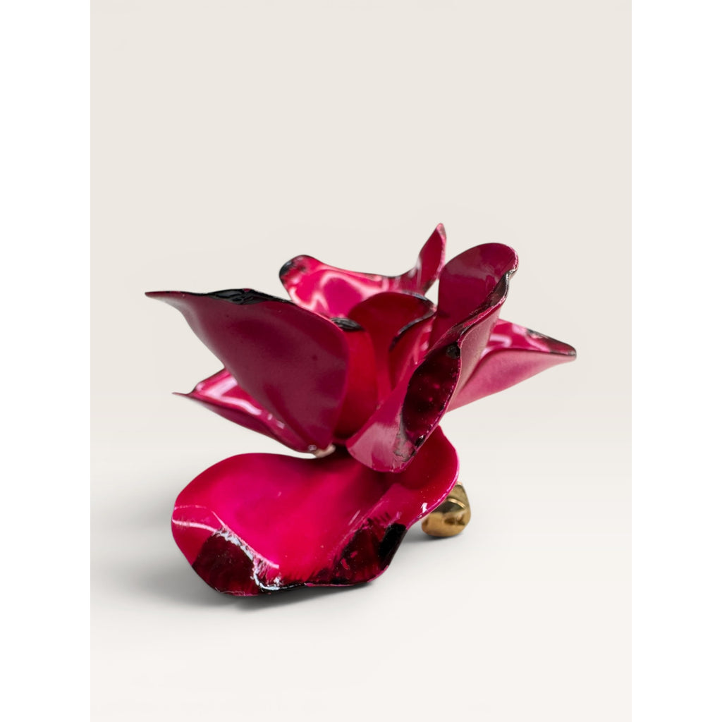 1970s Fuchsia Pink Enamel Flower Brooch Layered Floral Faux Pearl Vintage