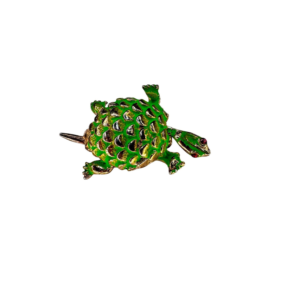 Turtle Brooch Green Enamel Articulated Head Red Eyes Gold Tone 1970s Vintage