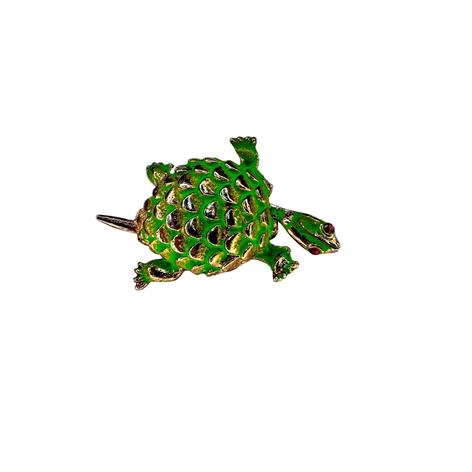 Turtle Brooch Green Enamel Articulated Head Red Eyes Gold Tone 1970s Vintage