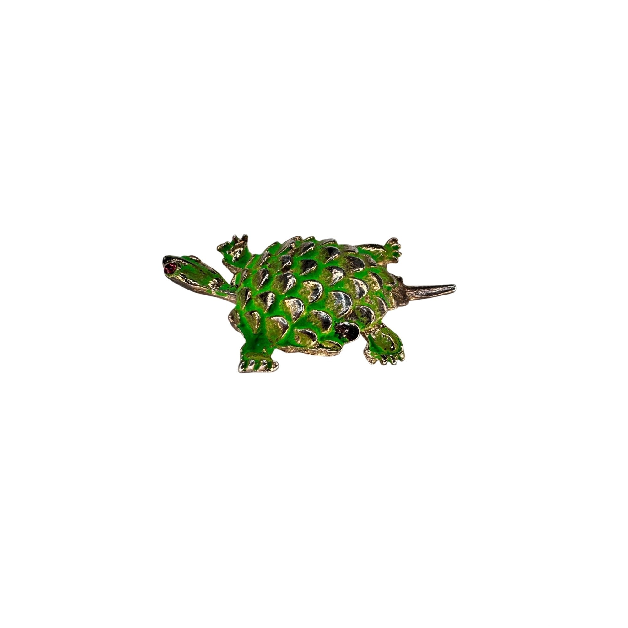 Turtle Brooch Green Enamel Articulated Head Red Eyes Gold Tone 1970s Vintage