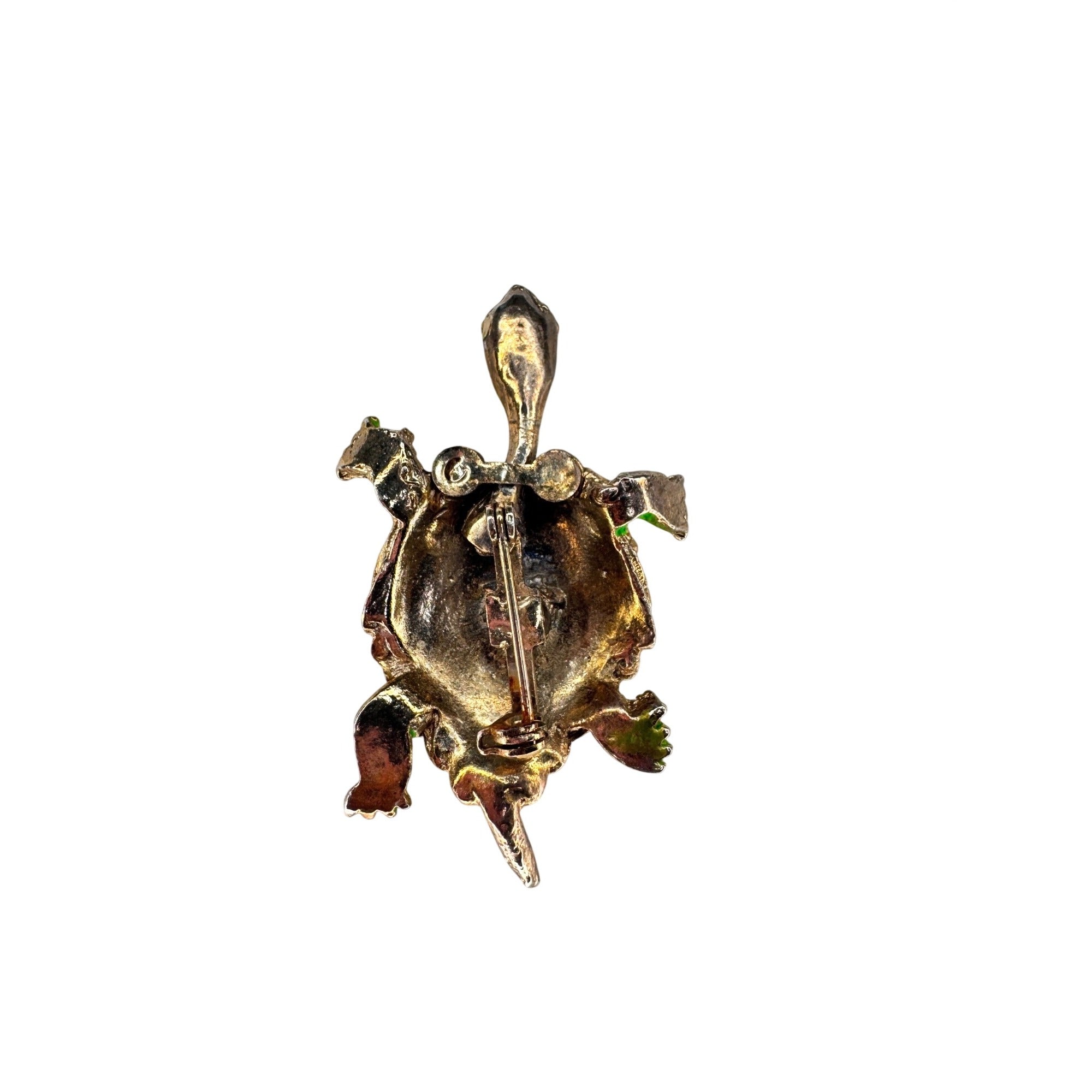 Turtle Brooch Green Enamel Articulated Head Red Eyes Gold Tone 1970s Vintage