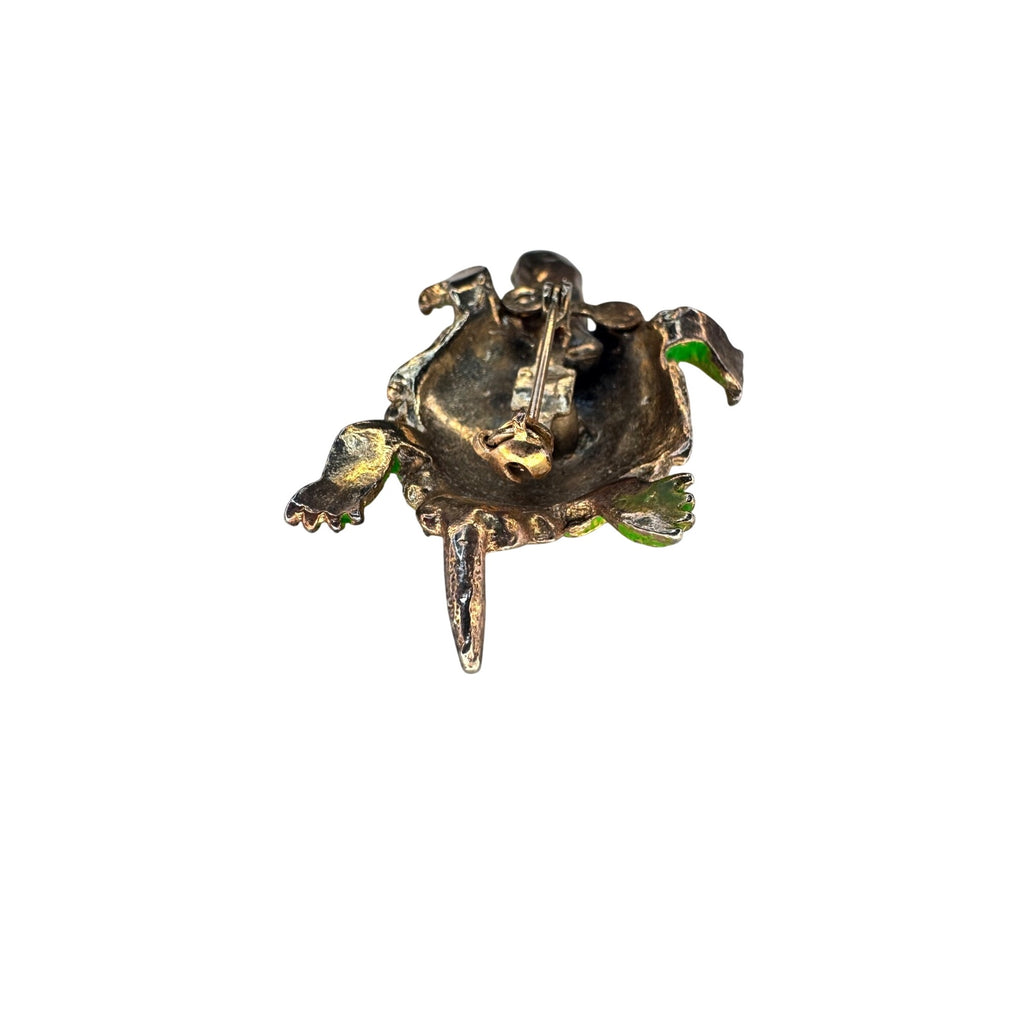 Turtle Brooch Green Enamel Articulated Head Red Eyes Gold Tone 1970s Vintage
