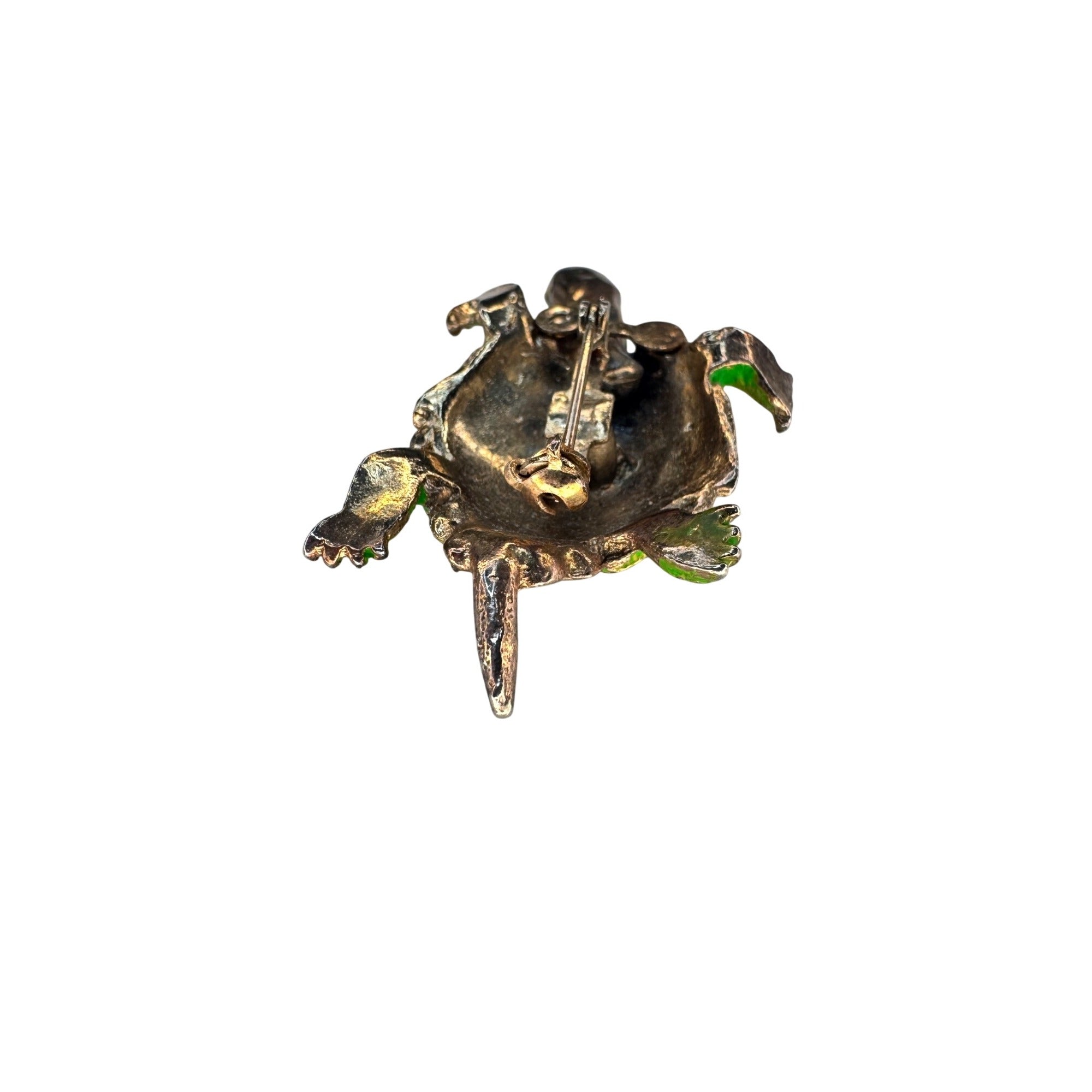 Turtle Brooch Green Enamel Articulated Head Red Eyes Gold Tone 1970s Vintage