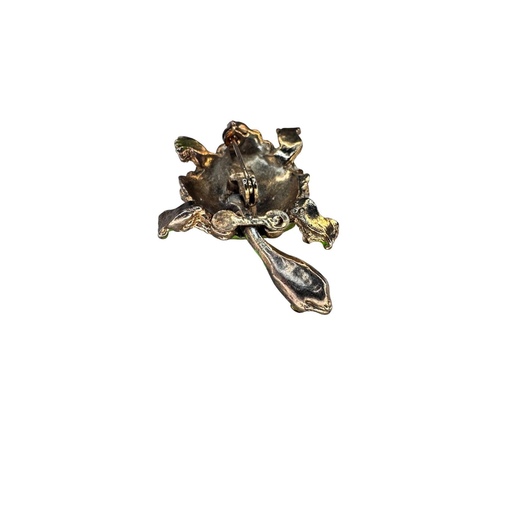 Turtle Brooch Green Enamel Articulated Head Red Eyes Gold Tone 1970s Vintage