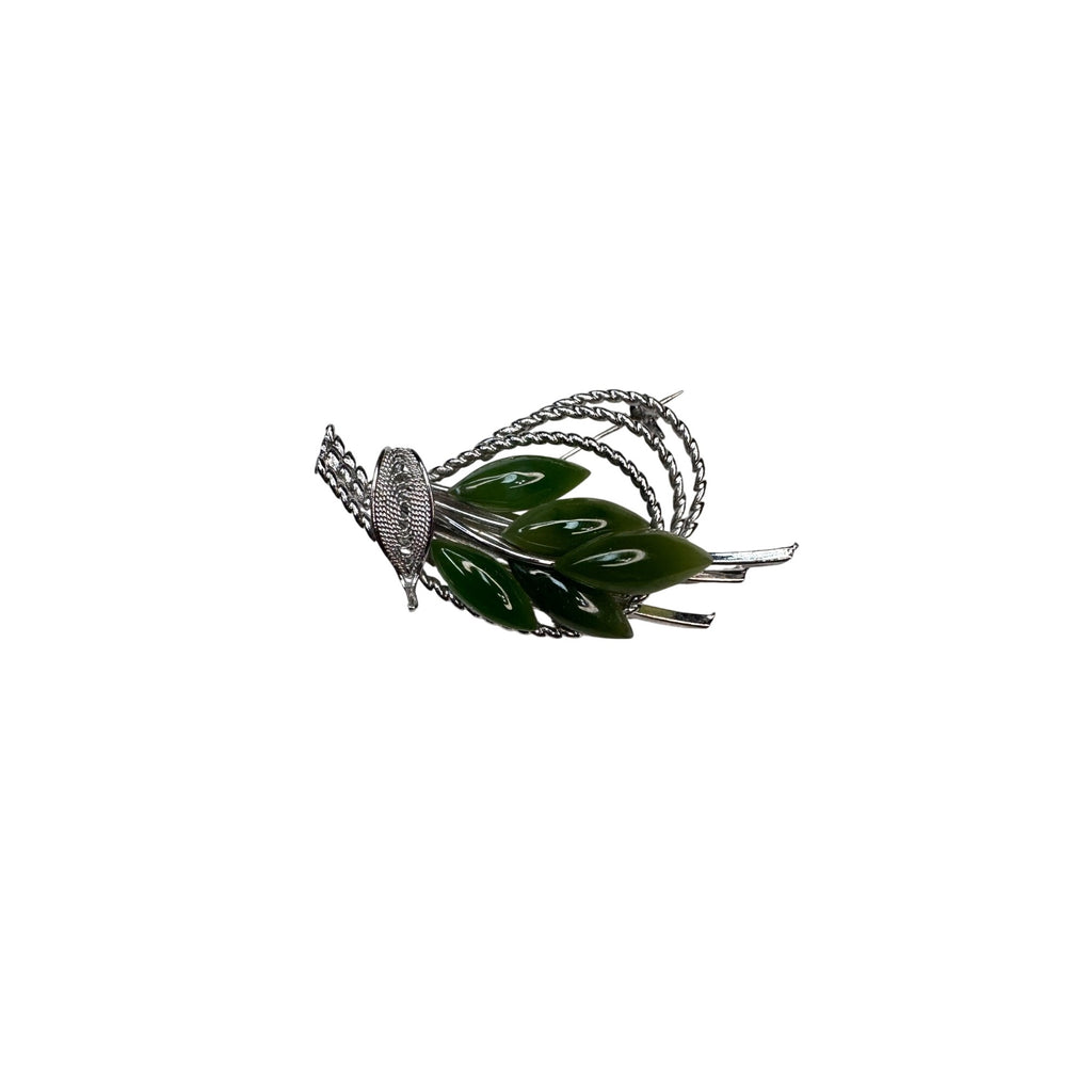 Green Jade Navette Leaf Silver Tone Unsigned Brooch Vintage