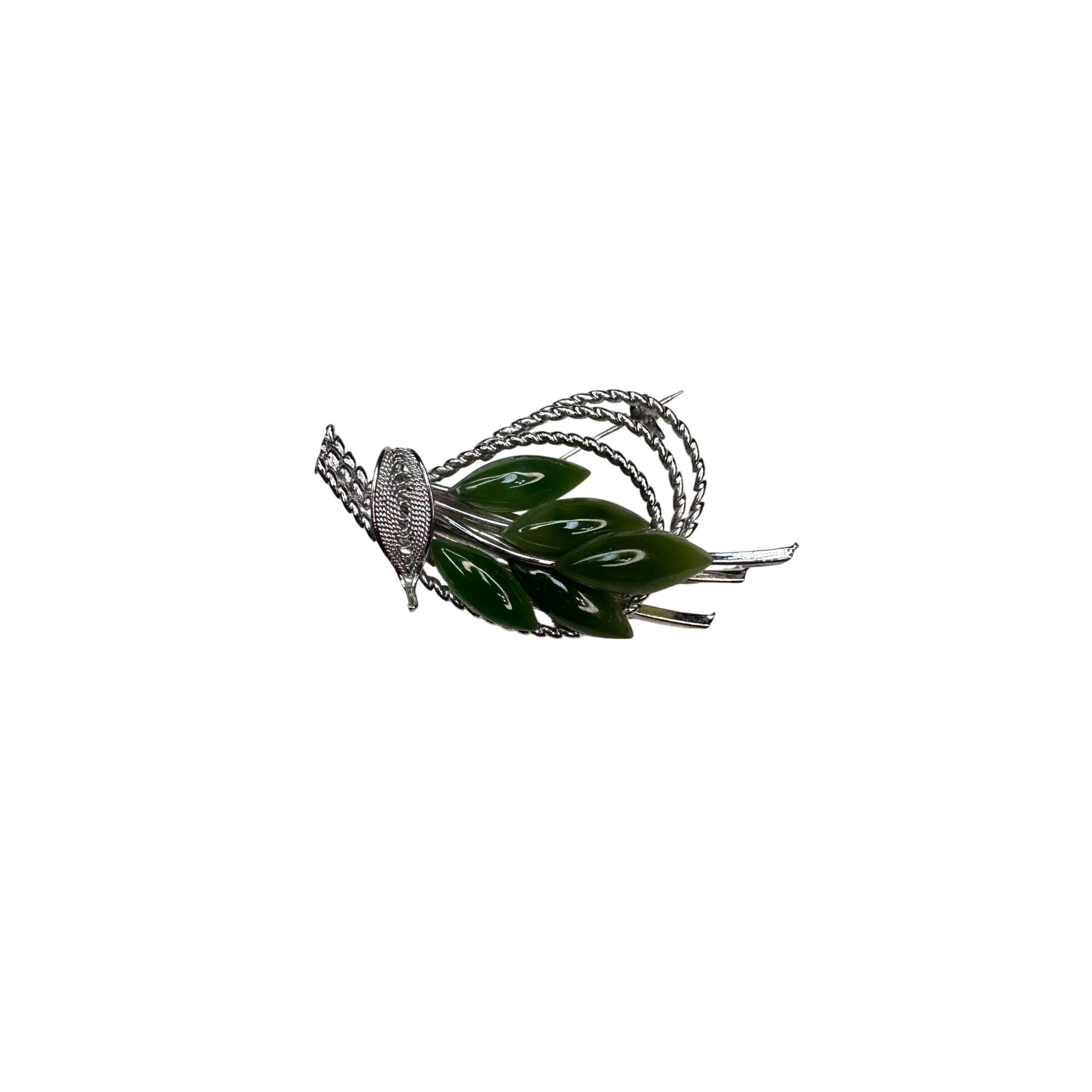 Green Jade Navette Leaf Silver Tone Unsigned Brooch Vintage