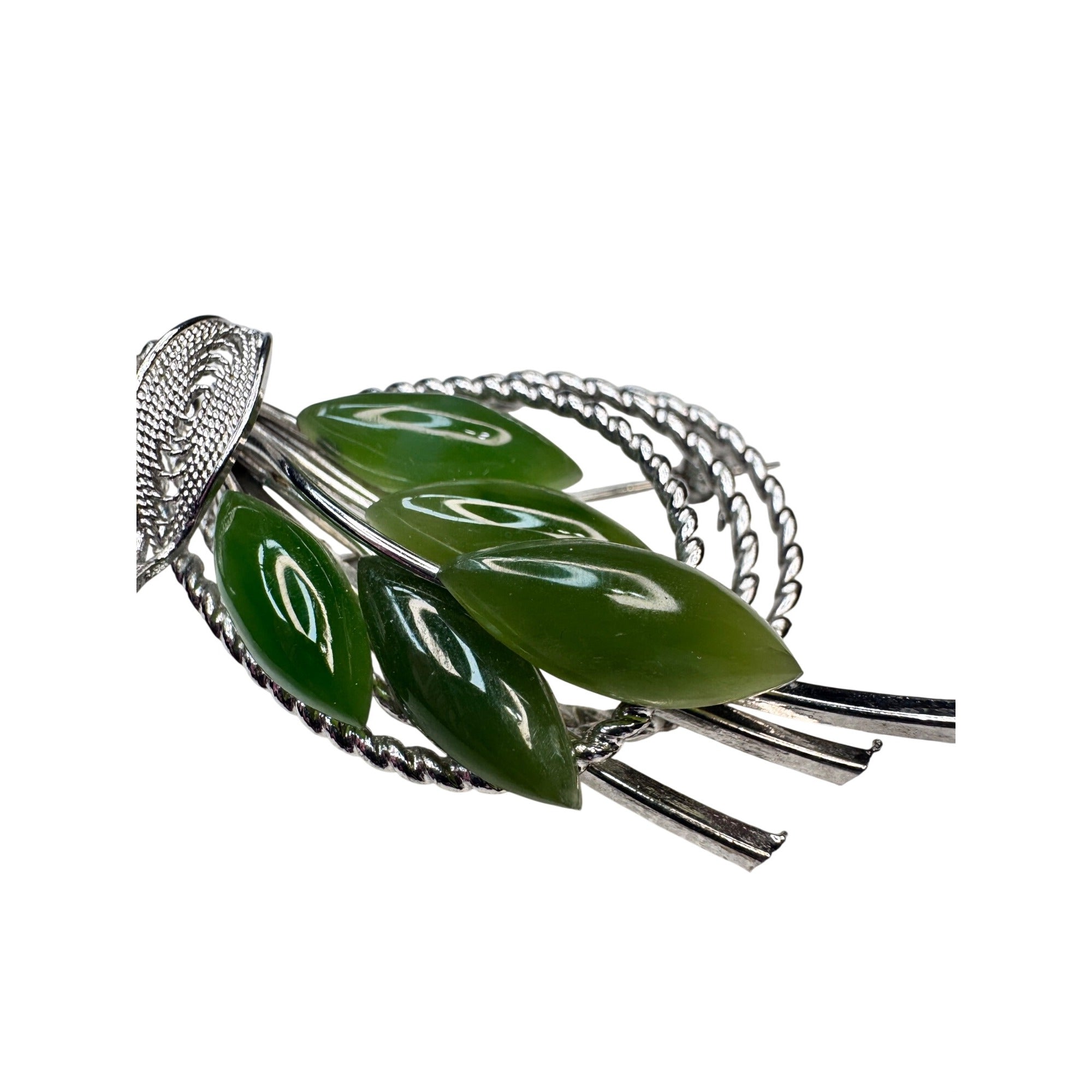 Green Jade Navette Leaf Silver Tone Unsigned Brooch Vintage