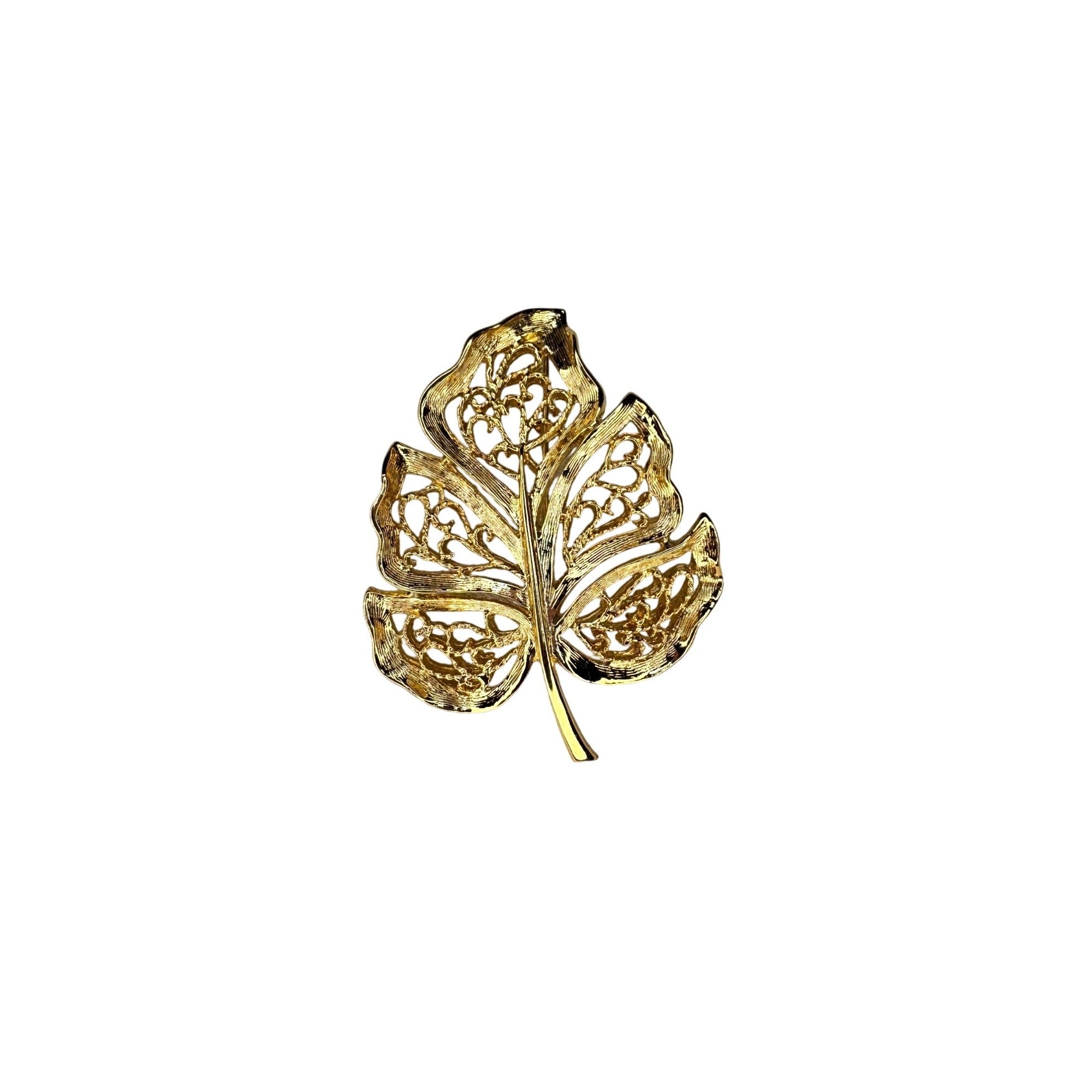 Monet Gold Tone Filigree Leaf Brooch Textured Openwork Pin Vintage