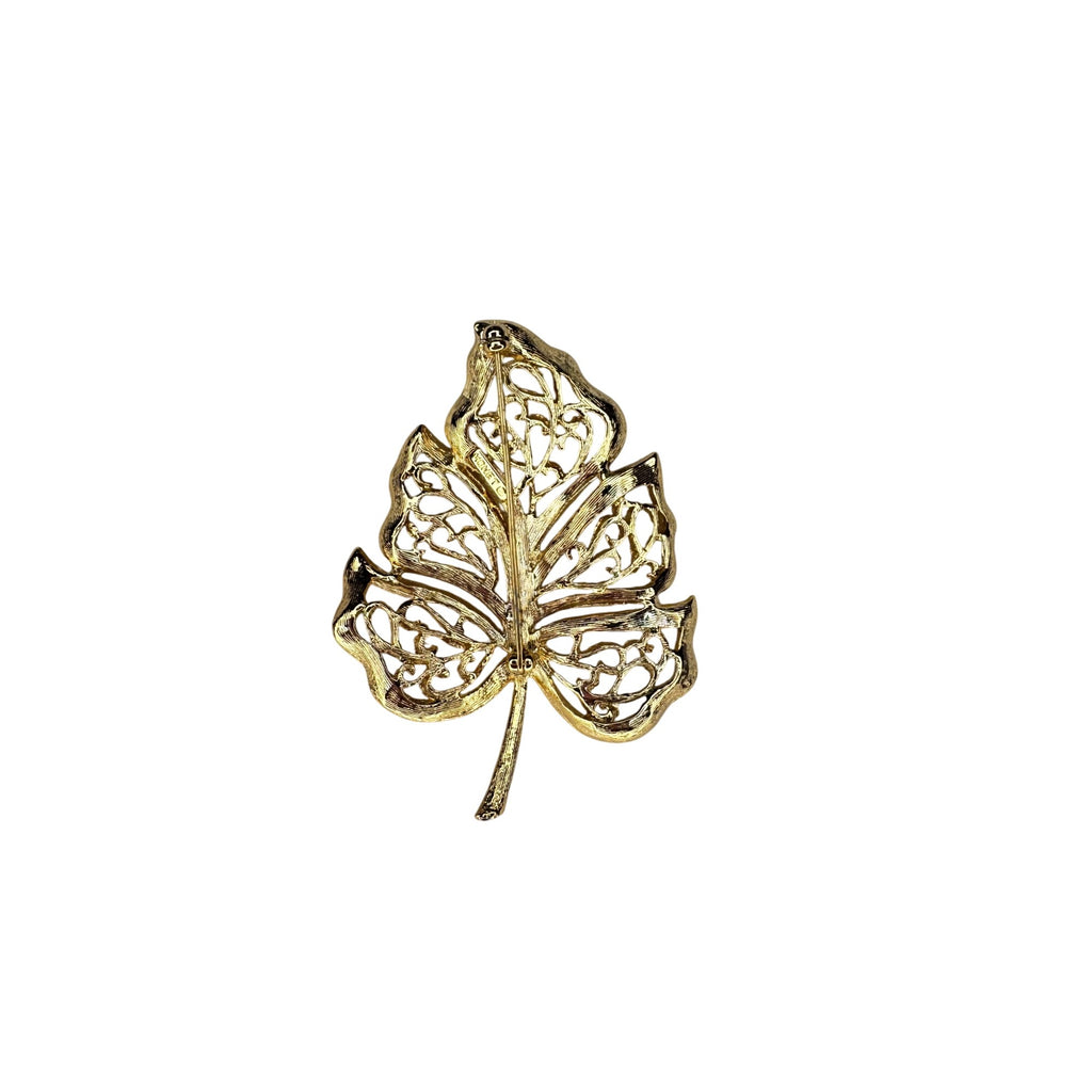 Monet Gold Tone Filigree Leaf Brooch Textured Openwork Pin Vintage