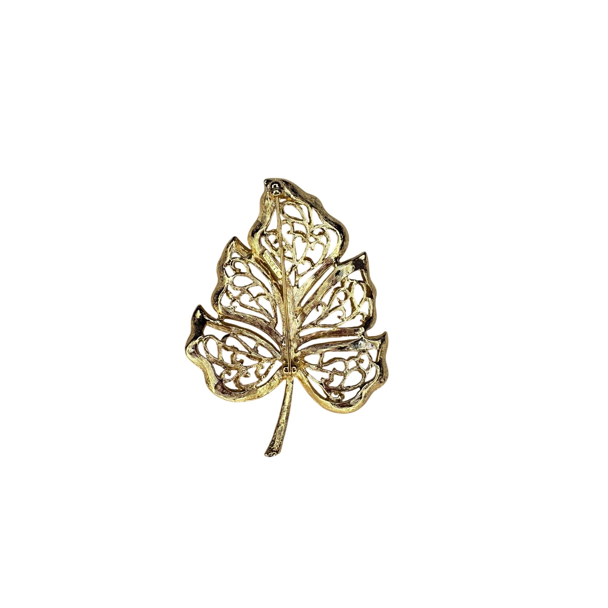 Monet Gold Tone Filigree Leaf Brooch Textured Openwork Pin Vintage