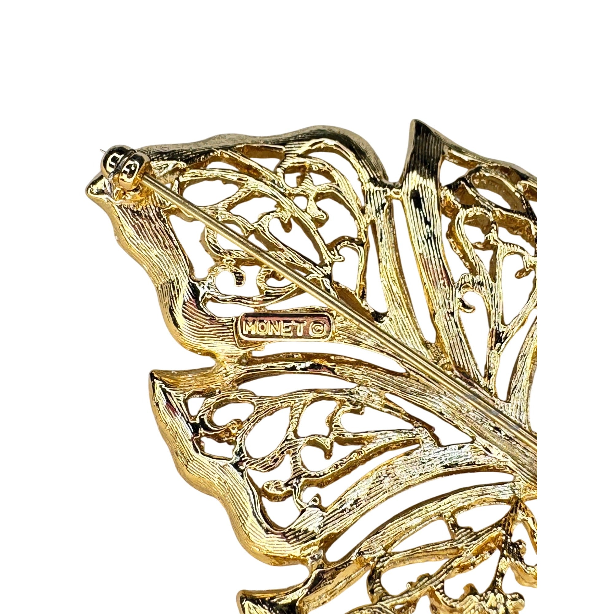 Monet Gold Tone Filigree Leaf Brooch Textured Openwork Pin Vintage