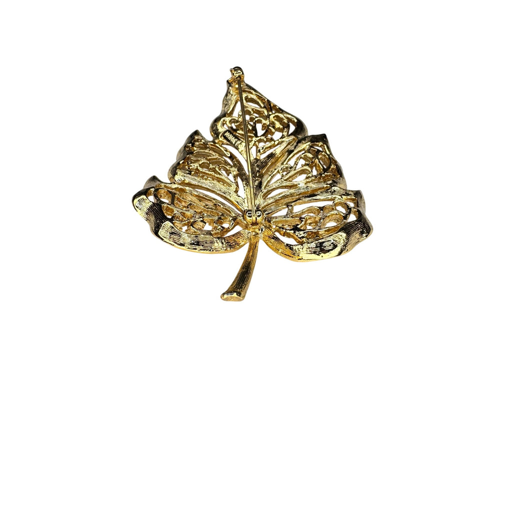 Monet Gold Tone Filigree Leaf Brooch Textured Openwork Pin Vintage