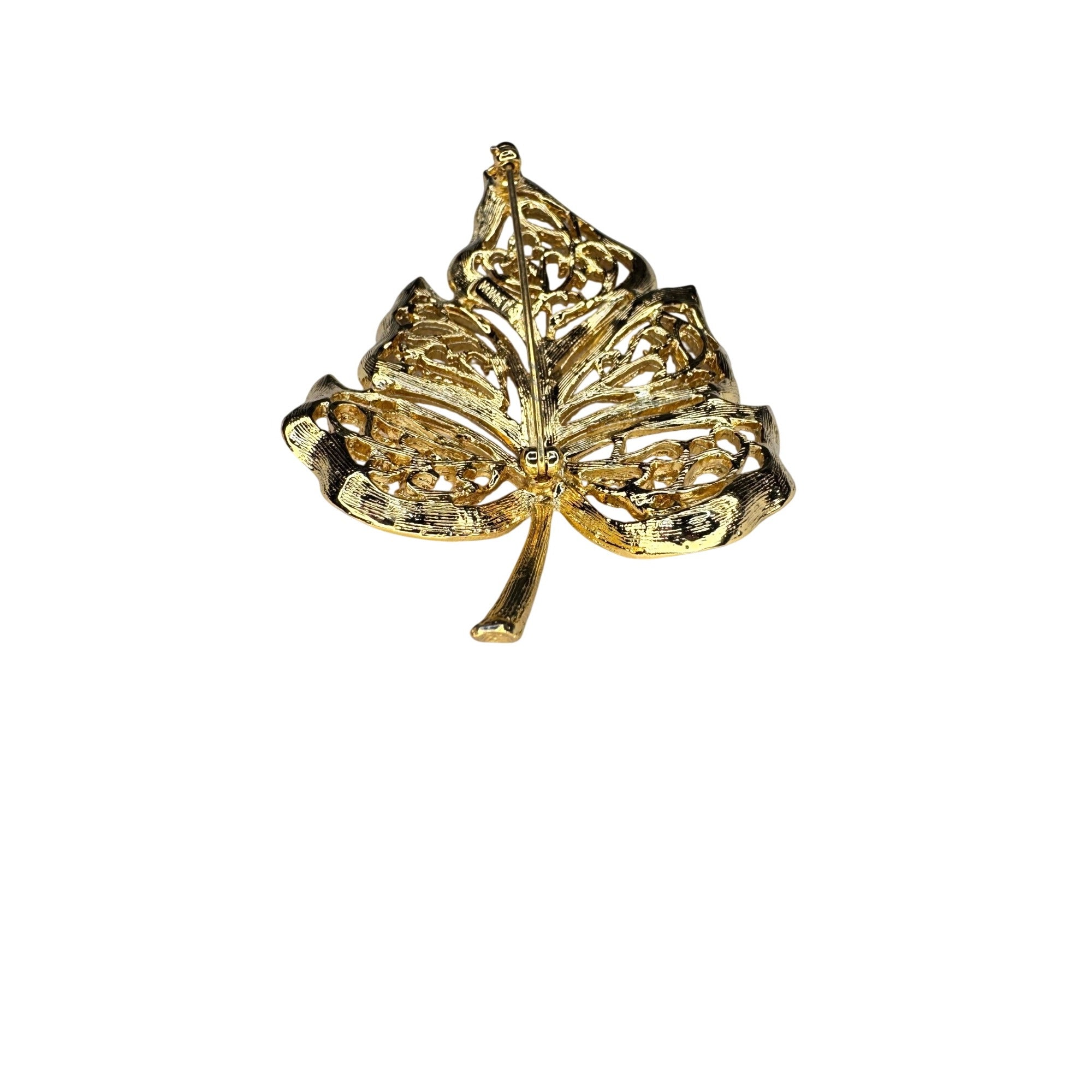 Monet Gold Tone Filigree Leaf Brooch Textured Openwork Pin Vintage