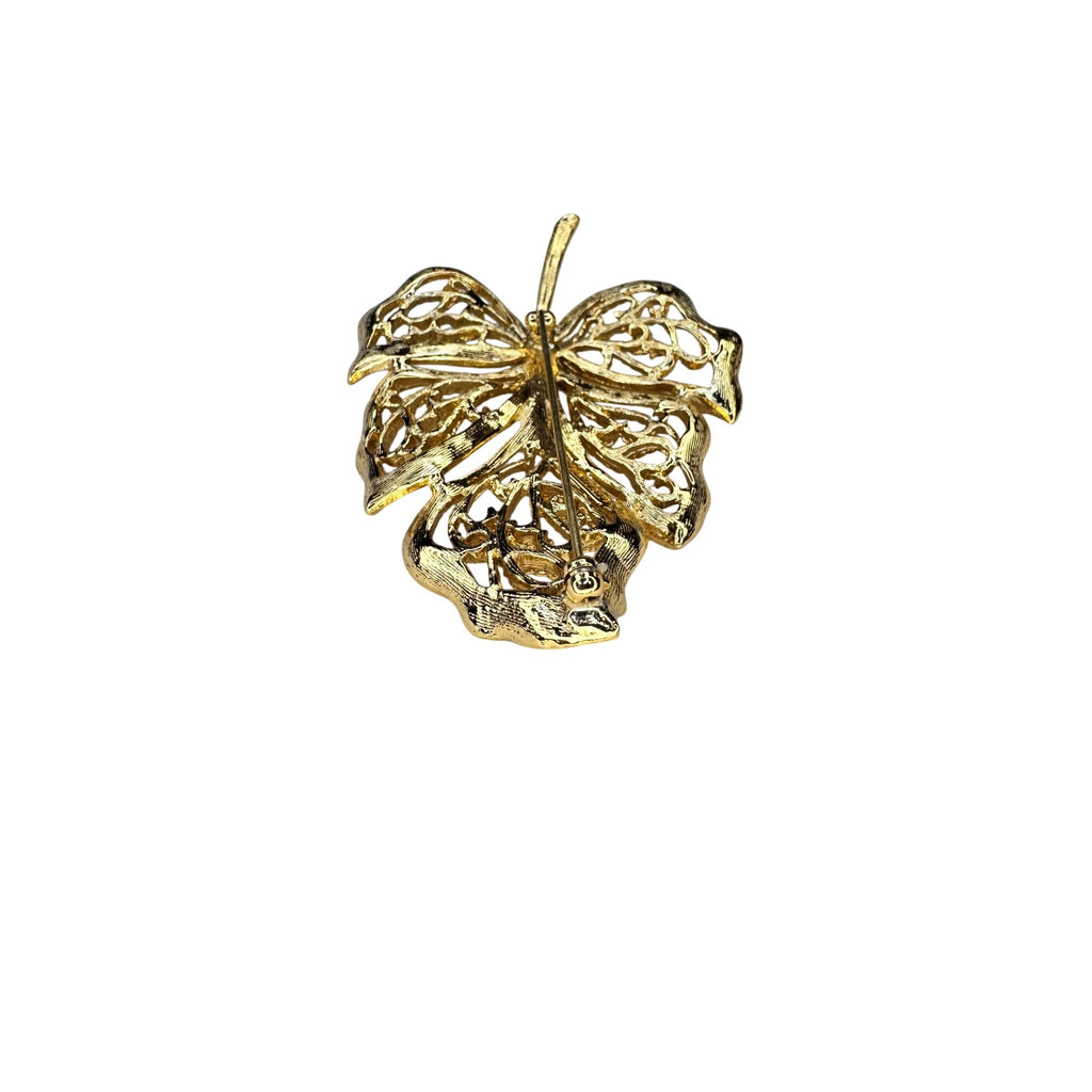 Monet Gold Tone Filigree Leaf Brooch Textured Openwork Pin Vintage