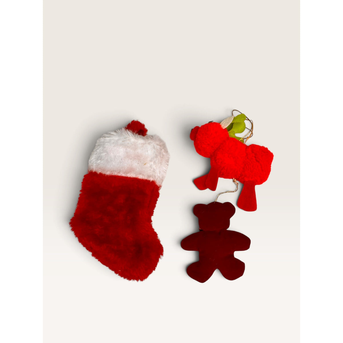 Felt Reindeer Bear Faux Fur Stocking Plush Ornaments Lot of 3 Vintage 80s