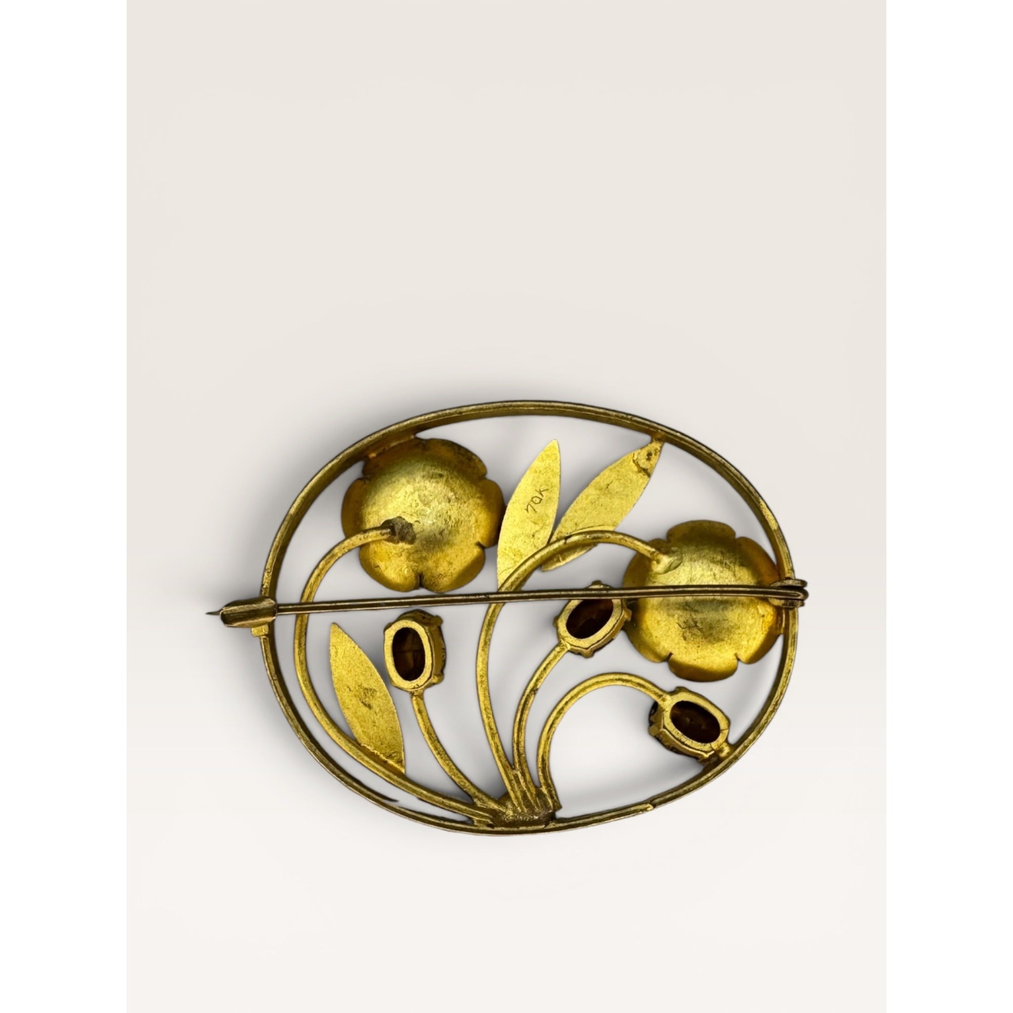 Gold Tone Floral Openwork Oval Brooch Multicolor Faceted Glass Crystals Art Deco