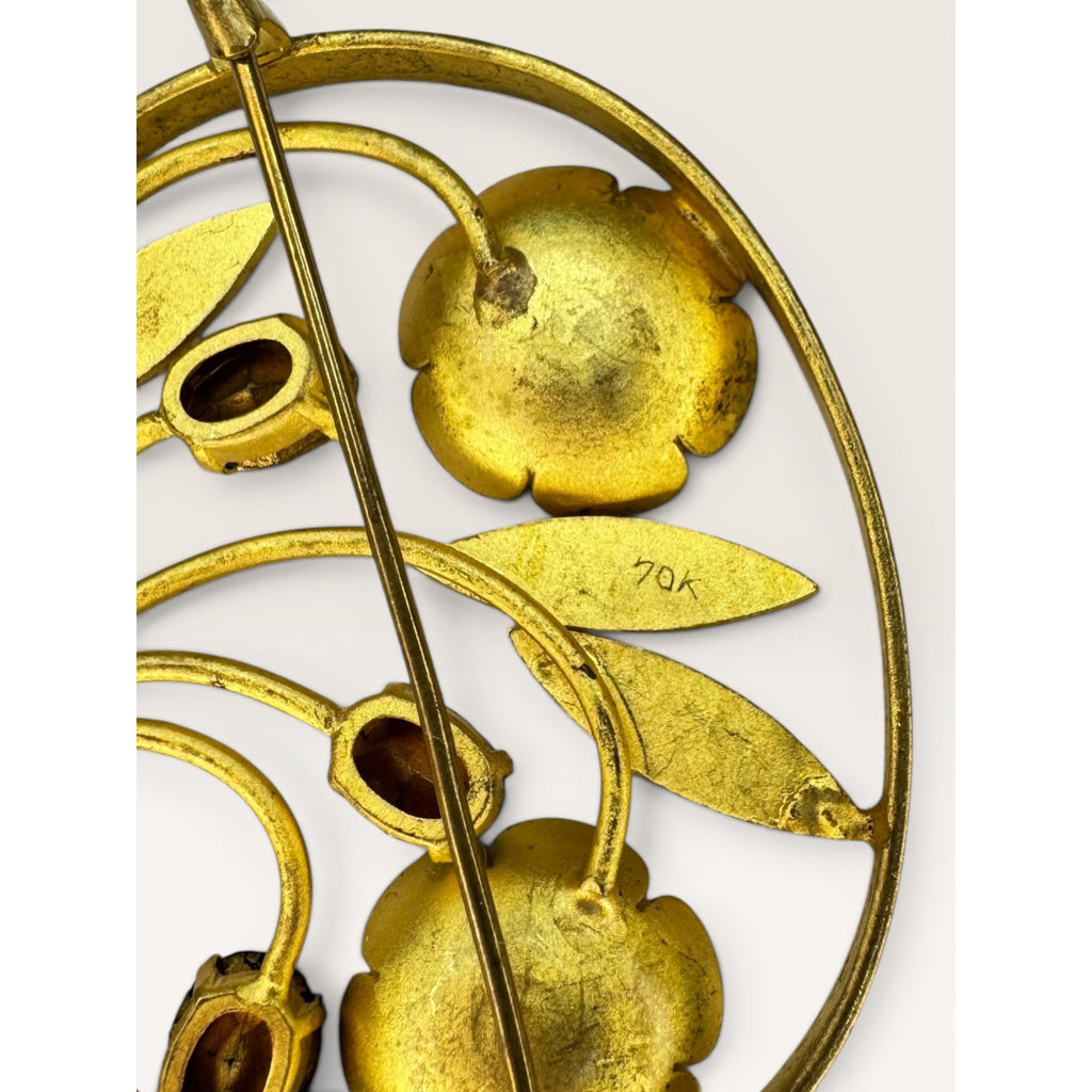 Gold Tone Floral Openwork Oval Brooch Multicolor Faceted Glass Crystals Art Deco