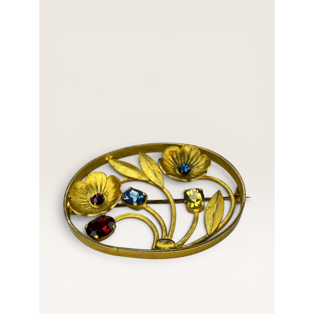 Gold Tone Floral Openwork Oval Brooch Multicolor Faceted Glass Crystals Art Deco