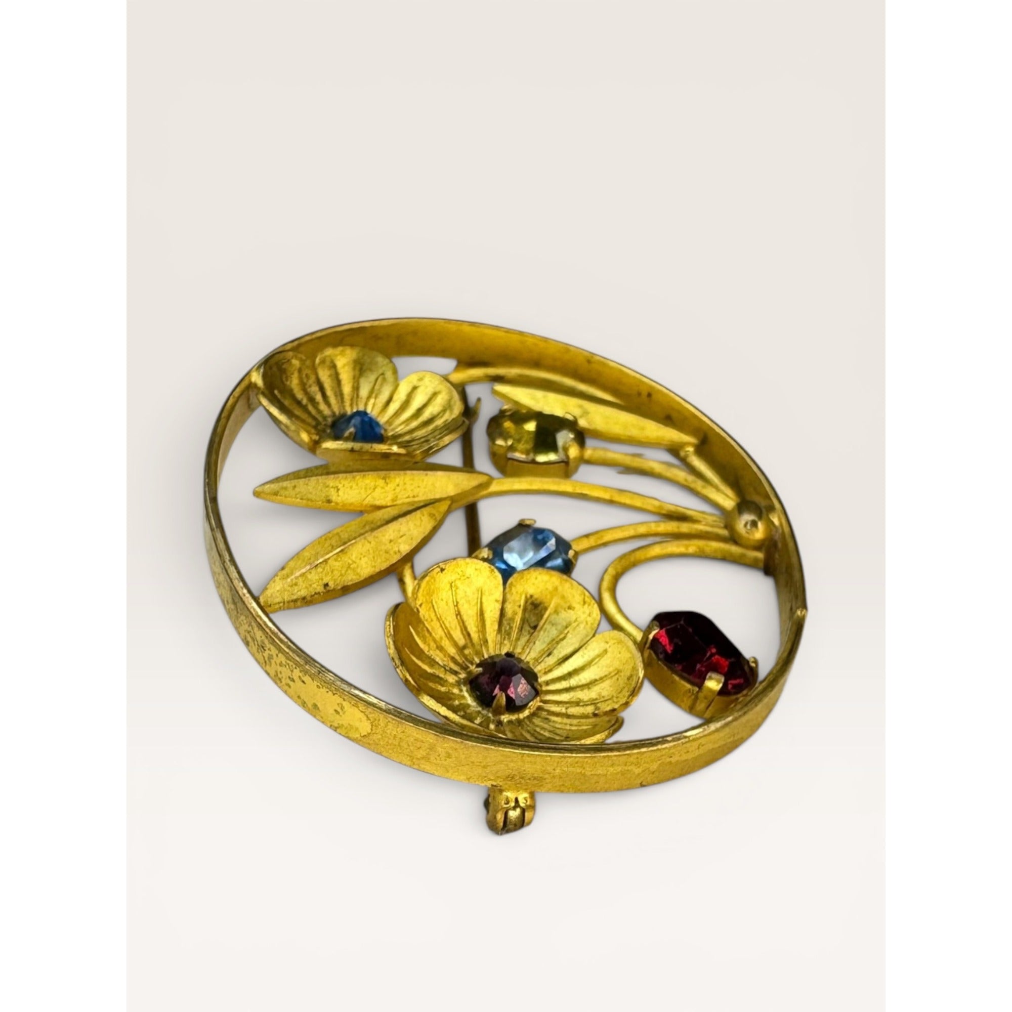 Gold Tone Floral Openwork Oval Brooch Multicolor Faceted Glass Crystals Art Deco