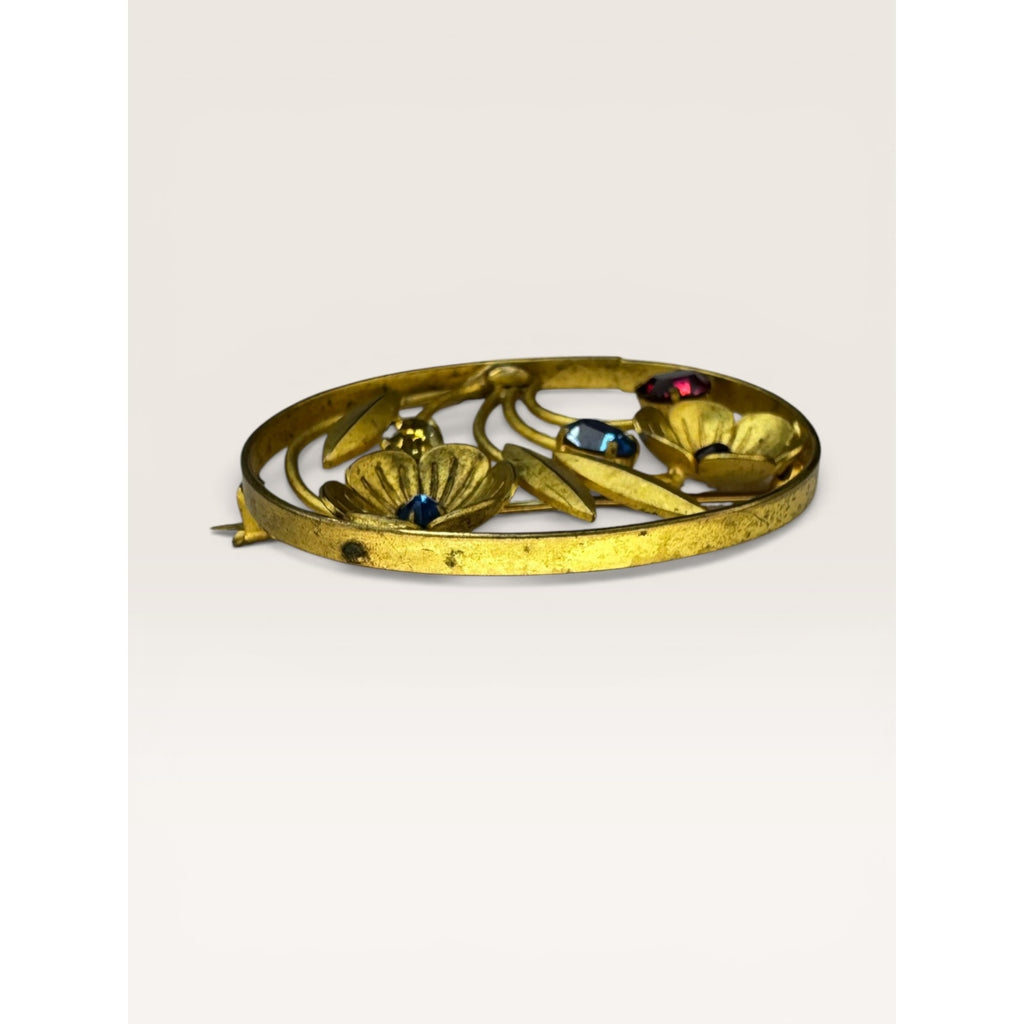 Gold Tone Floral Openwork Oval Brooch Multicolor Faceted Glass Crystals Art Deco