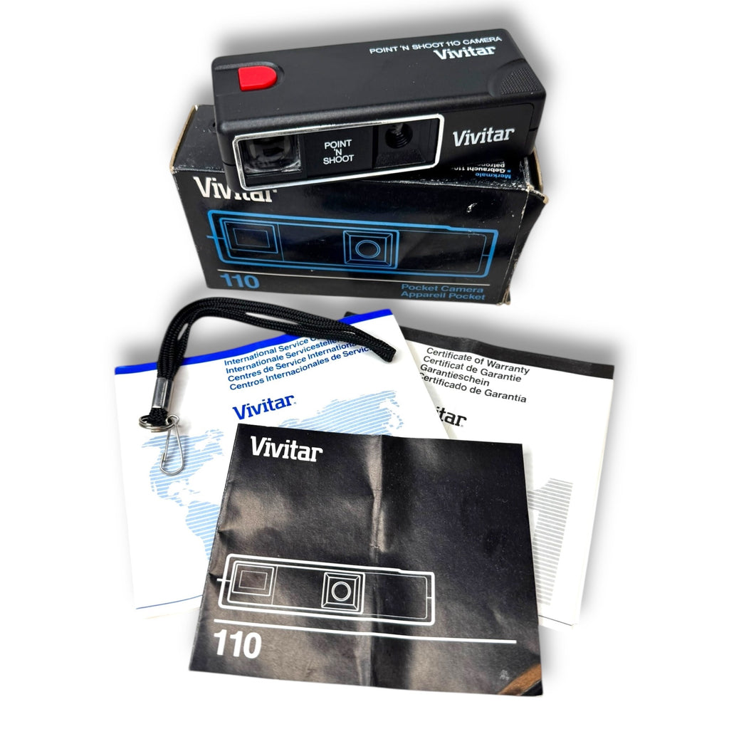 Vivitar Point ’N Shoot 110 Film Camera Box Manuals & Wrist Strap Vintage