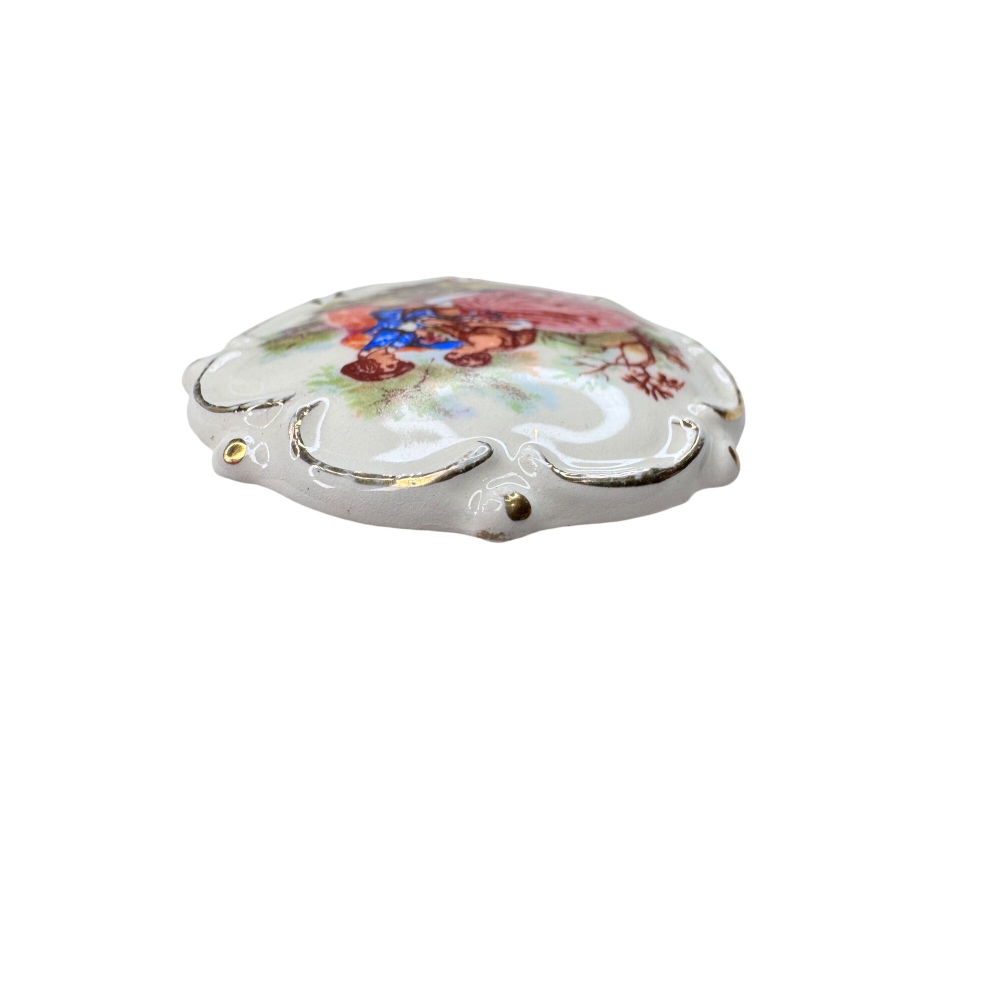 Unsigned Ceramic Brooch Courting Couple Transfer Gold Scrollwork 1950s Vintage