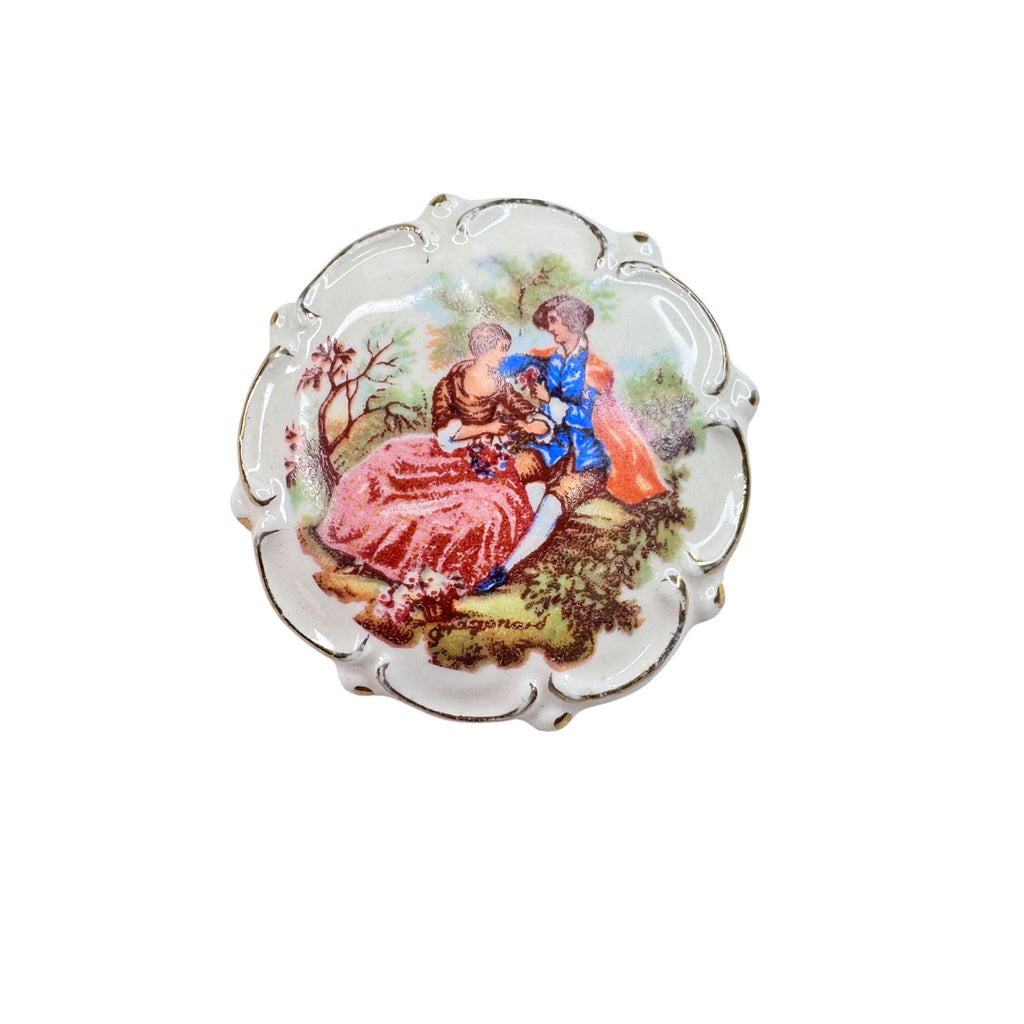 Unsigned Ceramic Brooch Courting Couple Transfer Gold Scrollwork 1950s Vintage