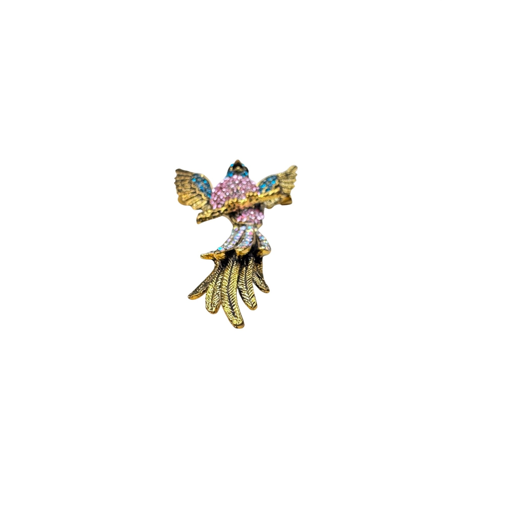 Unsigned Crystal Hummingbird Brooch Pink Blue Rhinestone Gold Tone Modern