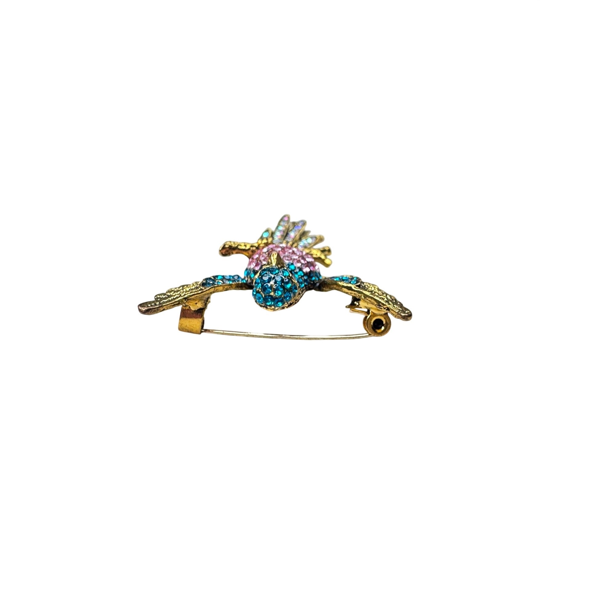 Unsigned Crystal Hummingbird Brooch Pink Blue Rhinestone Gold Tone Modern