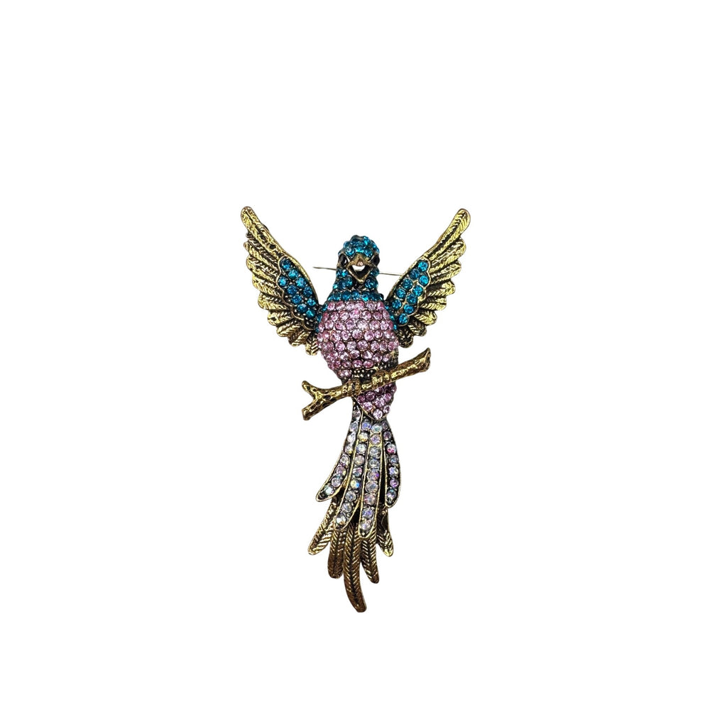 Unsigned Crystal Hummingbird Brooch Pink Blue Rhinestone Gold Tone Modern