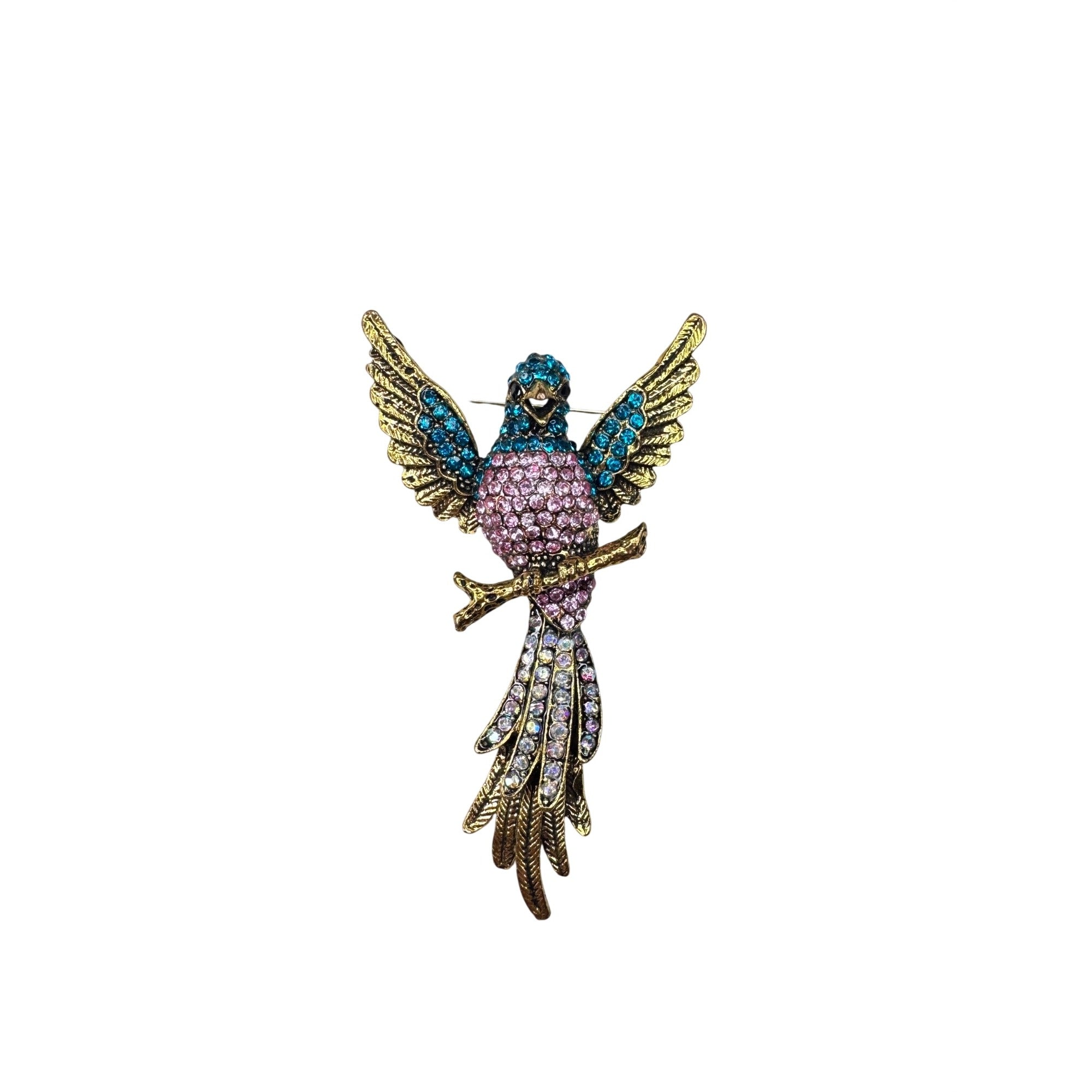 Unsigned Crystal Hummingbird Brooch Pink Blue Rhinestone Gold Tone Modern