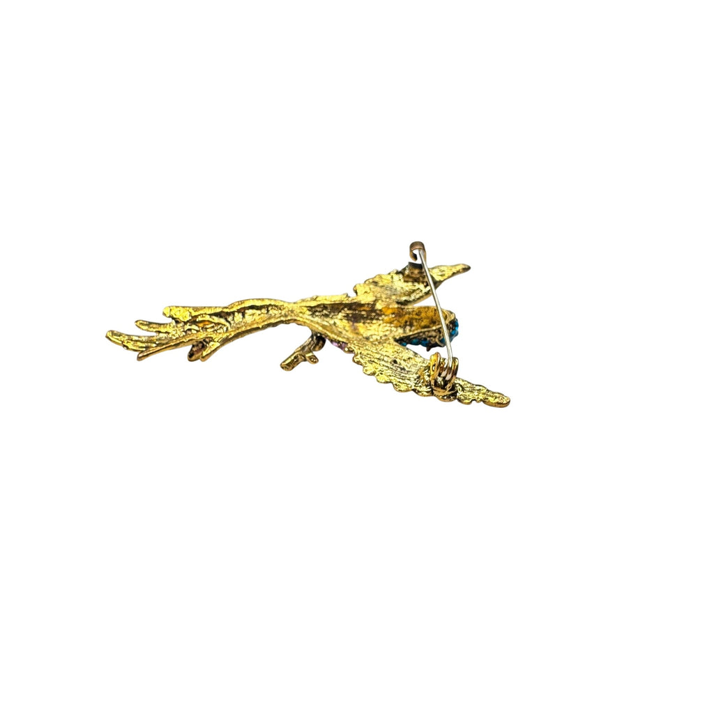 Unsigned Crystal Hummingbird Brooch Pink Blue Rhinestone Gold Tone Modern