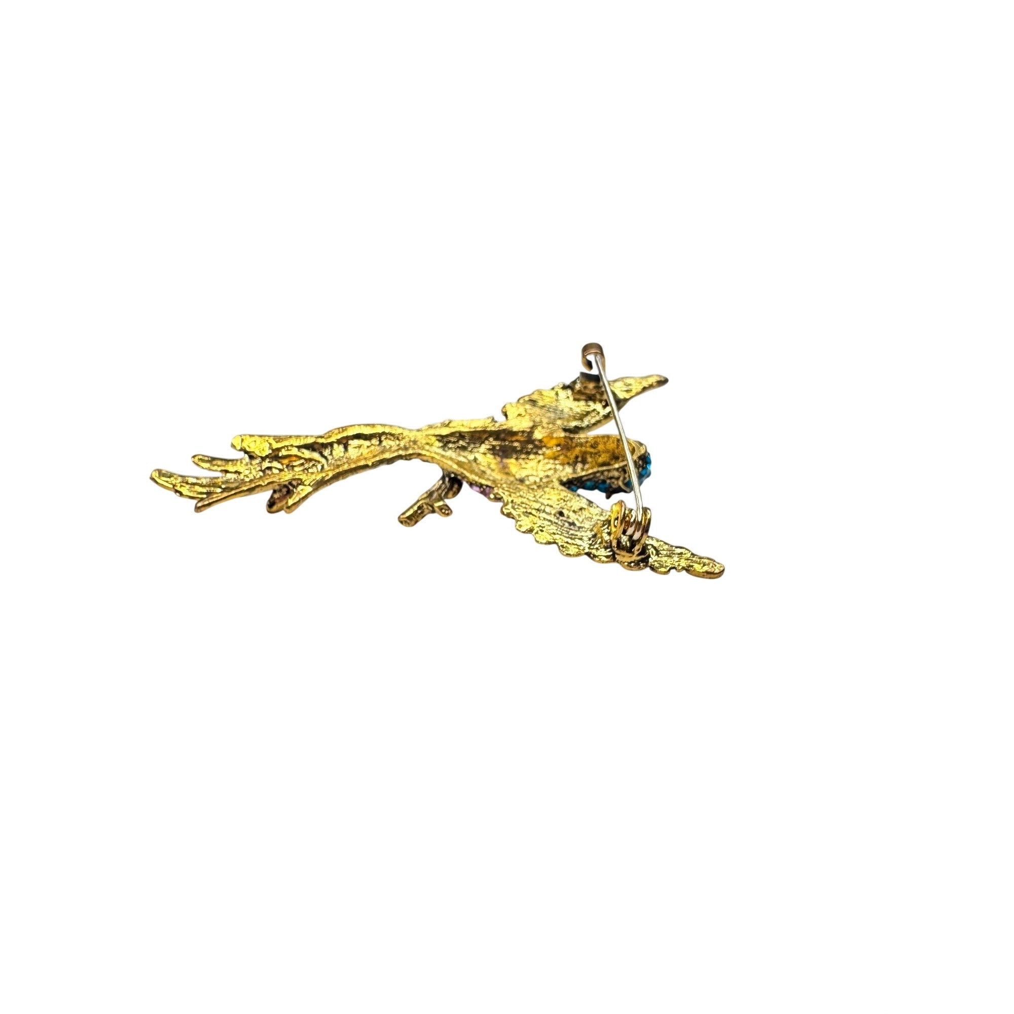Unsigned Crystal Hummingbird Brooch Pink Blue Rhinestone Gold Tone Modern