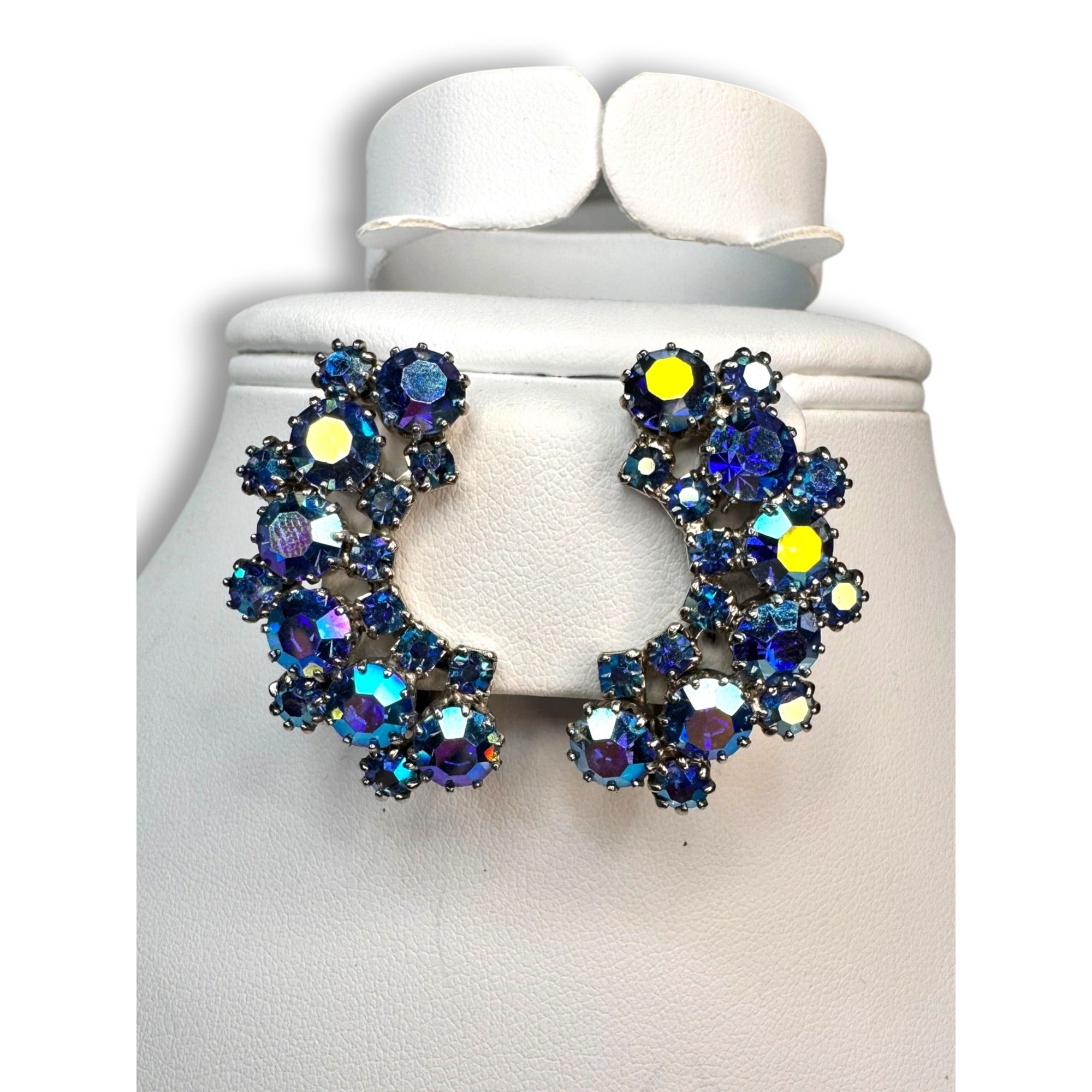 Weiss Blue Rhinestone Climber Earrings Vintage 1950s Clip On Vintage Mid Century