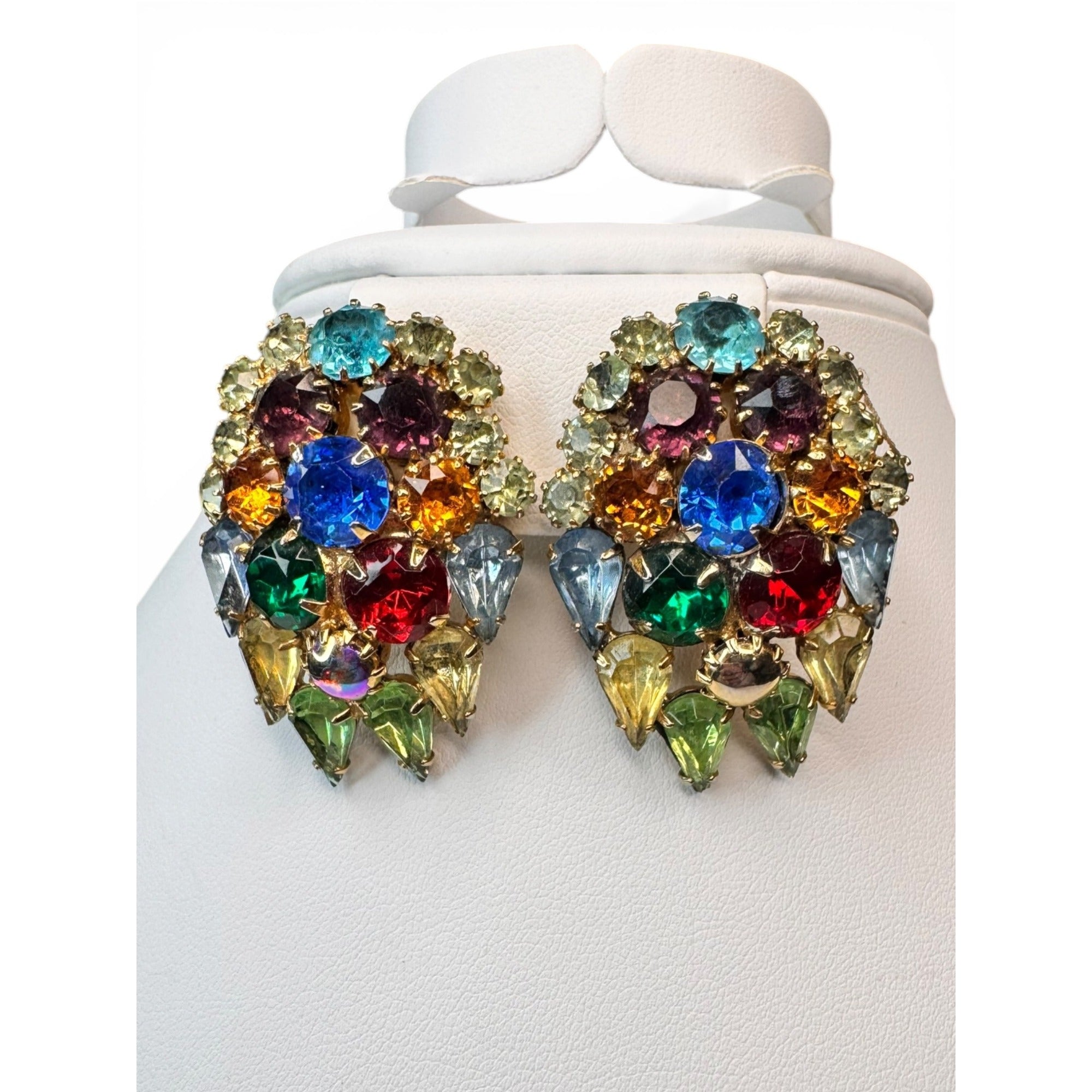 1950s Multicolor Uranium Glass Crystal Clip Earrings Vintage Gold Tone