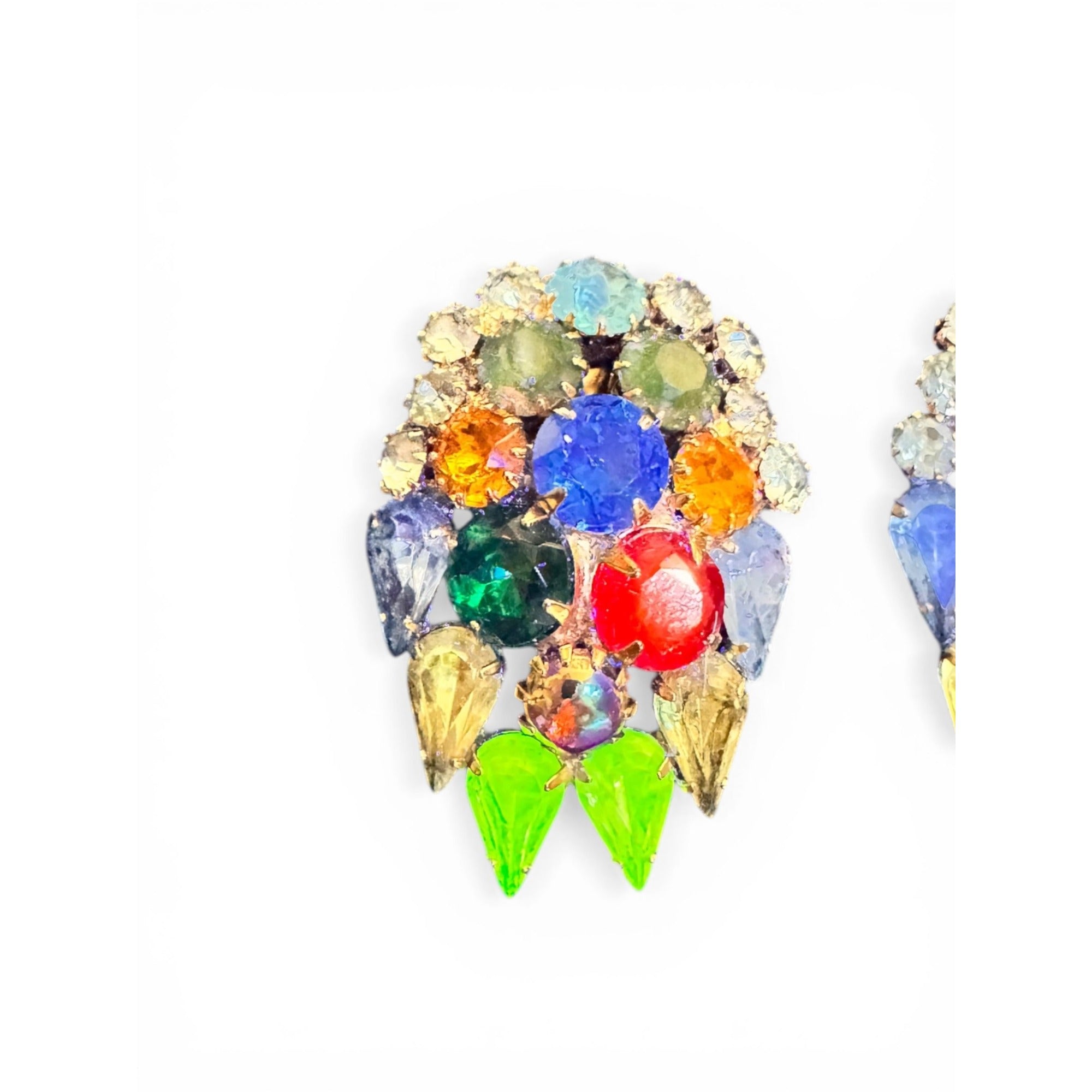 1950s Multicolor Uranium Glass Crystal Clip Earrings Vintage Gold Tone