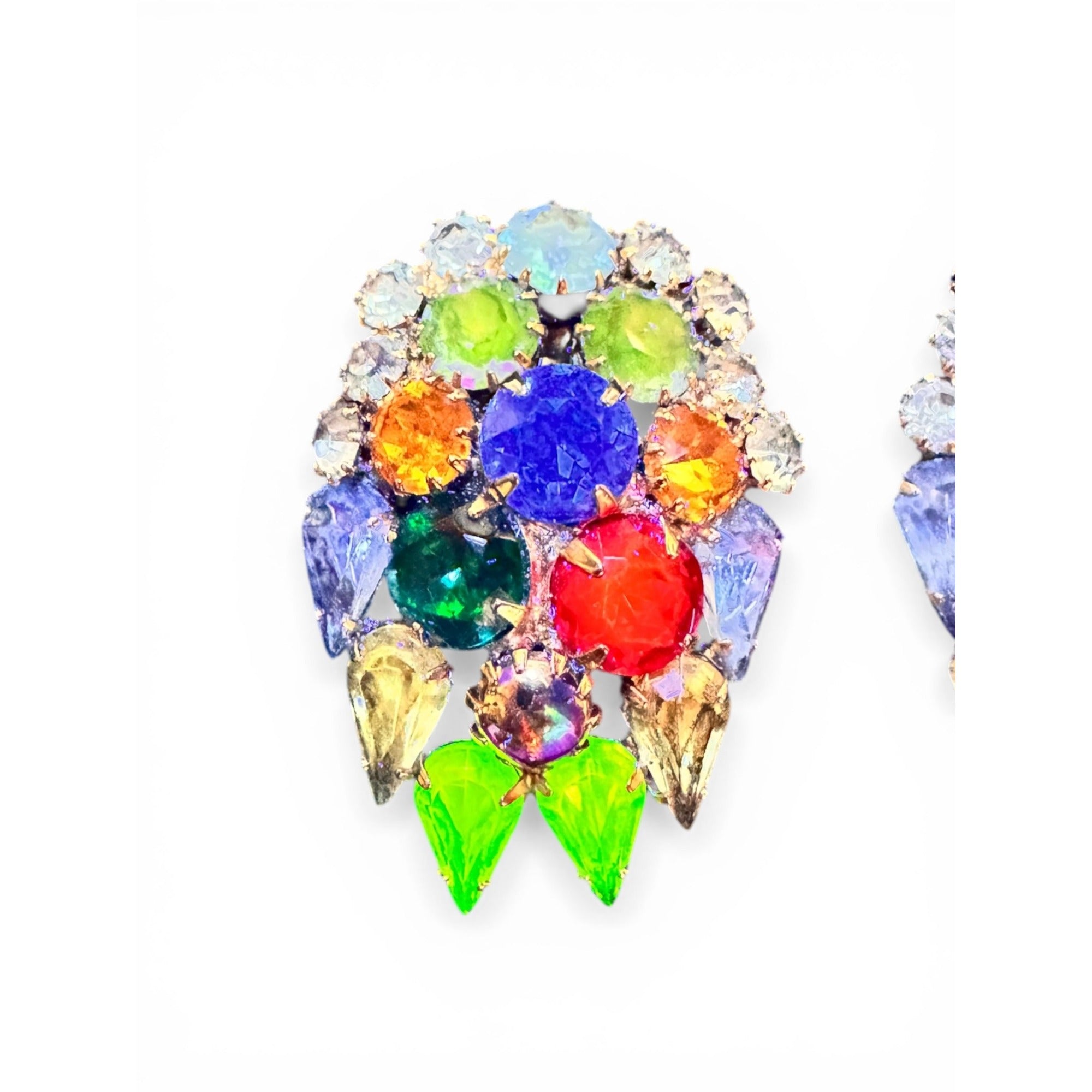 1950s Multicolor Uranium Glass Crystal Clip Earrings Vintage Gold Tone