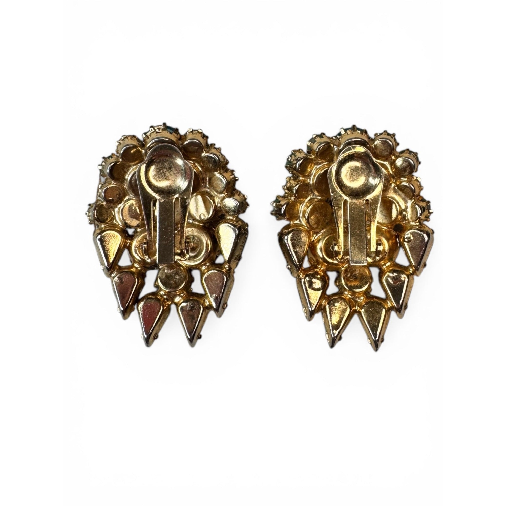 1950s Multicolor Uranium Glass Crystal Clip Earrings Vintage Gold Tone