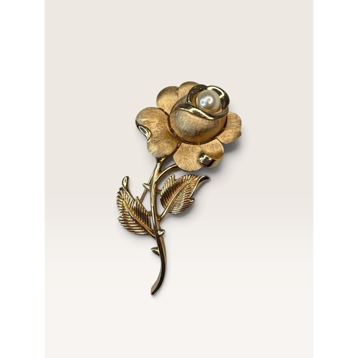 Vintage Crown Trifari Brushed Gold Faux Pearl Blooming Rose Brooch Pin 2.35"