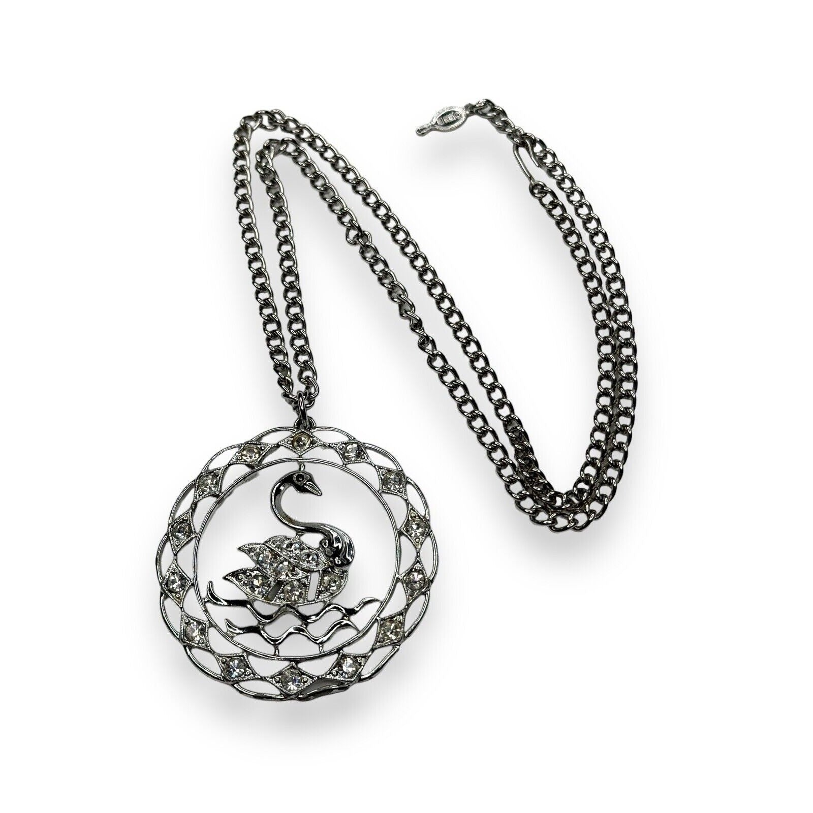 Vintage Sarah Coventry Swan Pendant Necklace Silver Tone Cut Crystal 24"