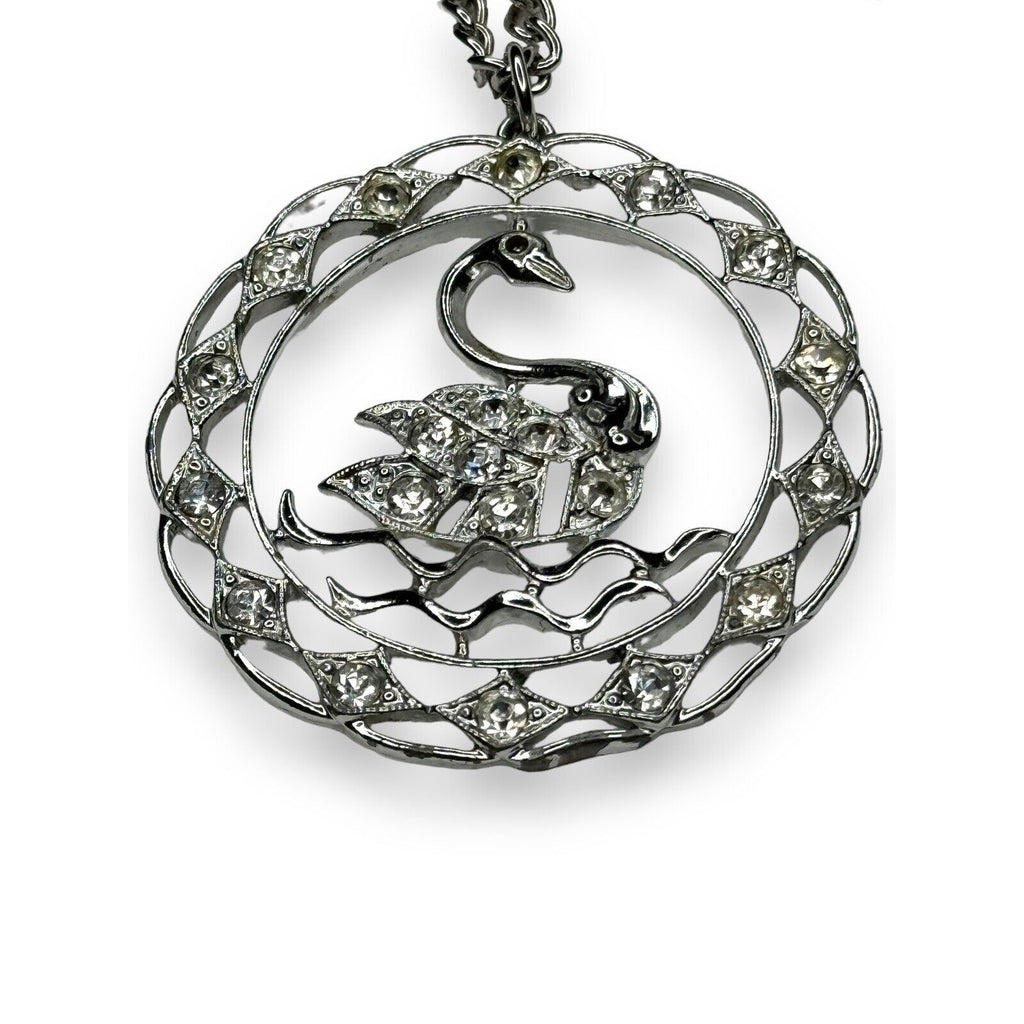 Vintage Sarah Coventry Swan Pendant Necklace Silver Tone Cut Crystal 24"