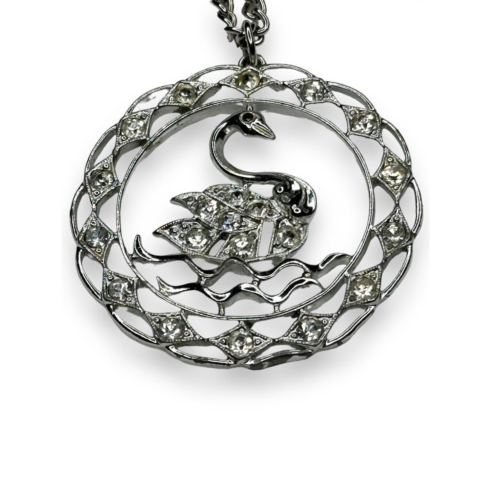 Vintage Sarah Coventry Swan Pendant Necklace Silver Tone Cut Crystal 24"