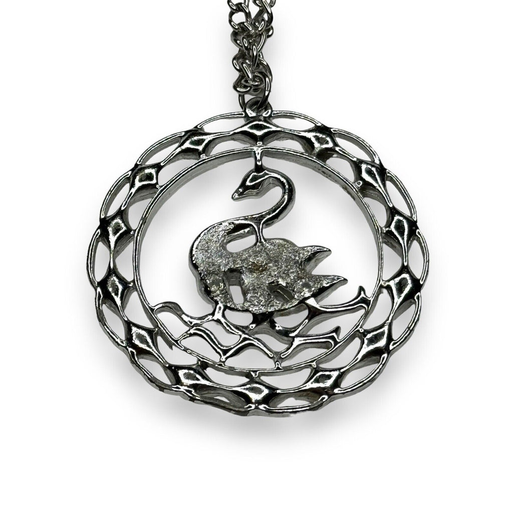 Vintage Sarah Coventry Swan Pendant Necklace Silver Tone Cut Crystal 24"